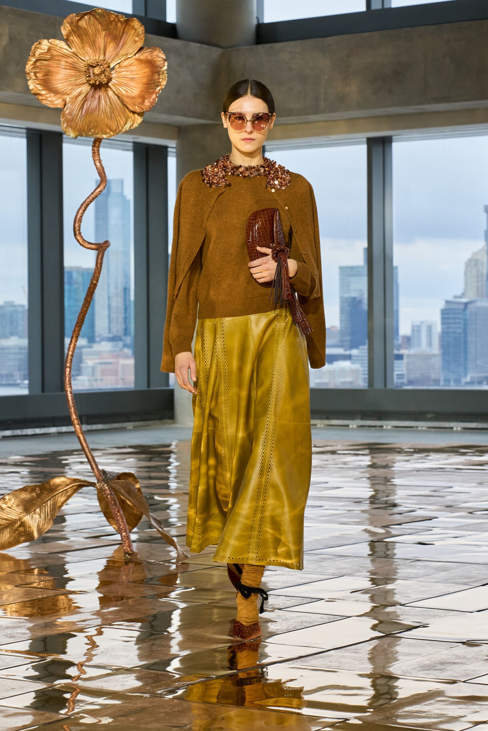 yellow silk fitted straight-leg midi skirt