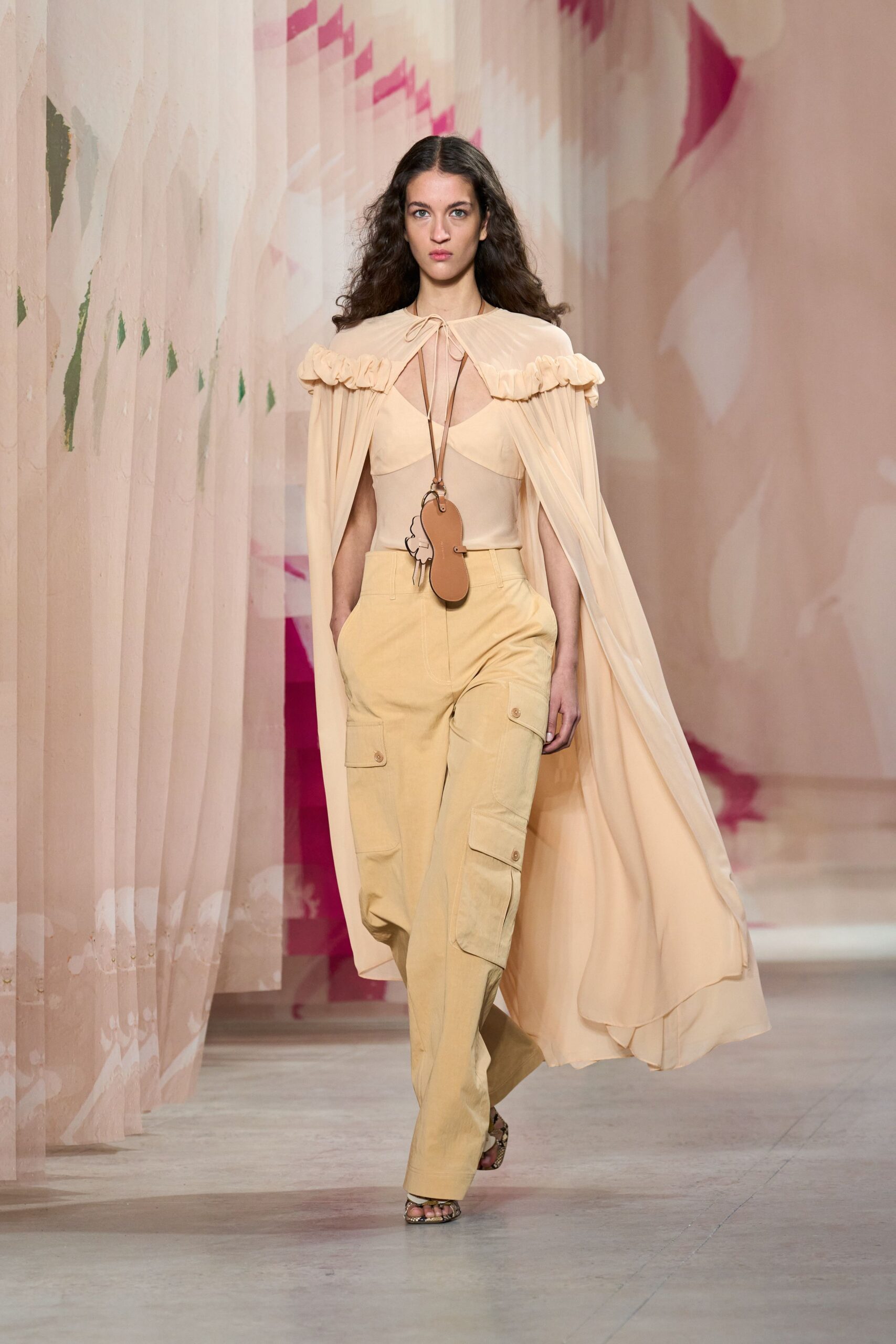 coral chiffon sleeveless relaxed ruffled flowing cape