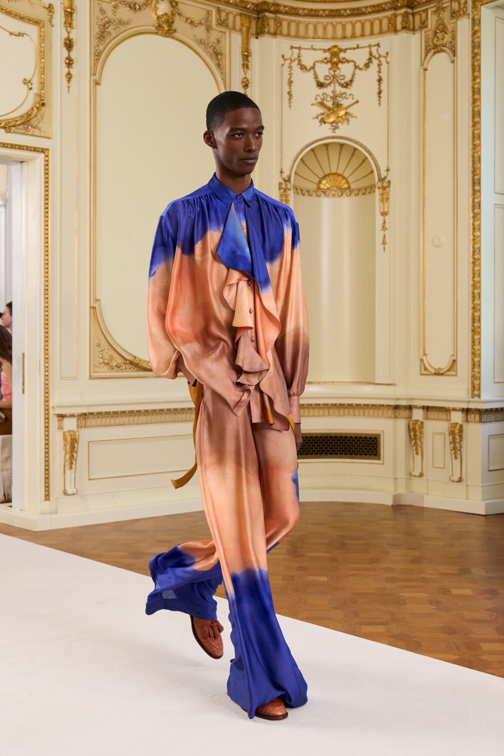 blue silk long-sleeve collared relaxed ruffled draped jumpsuit