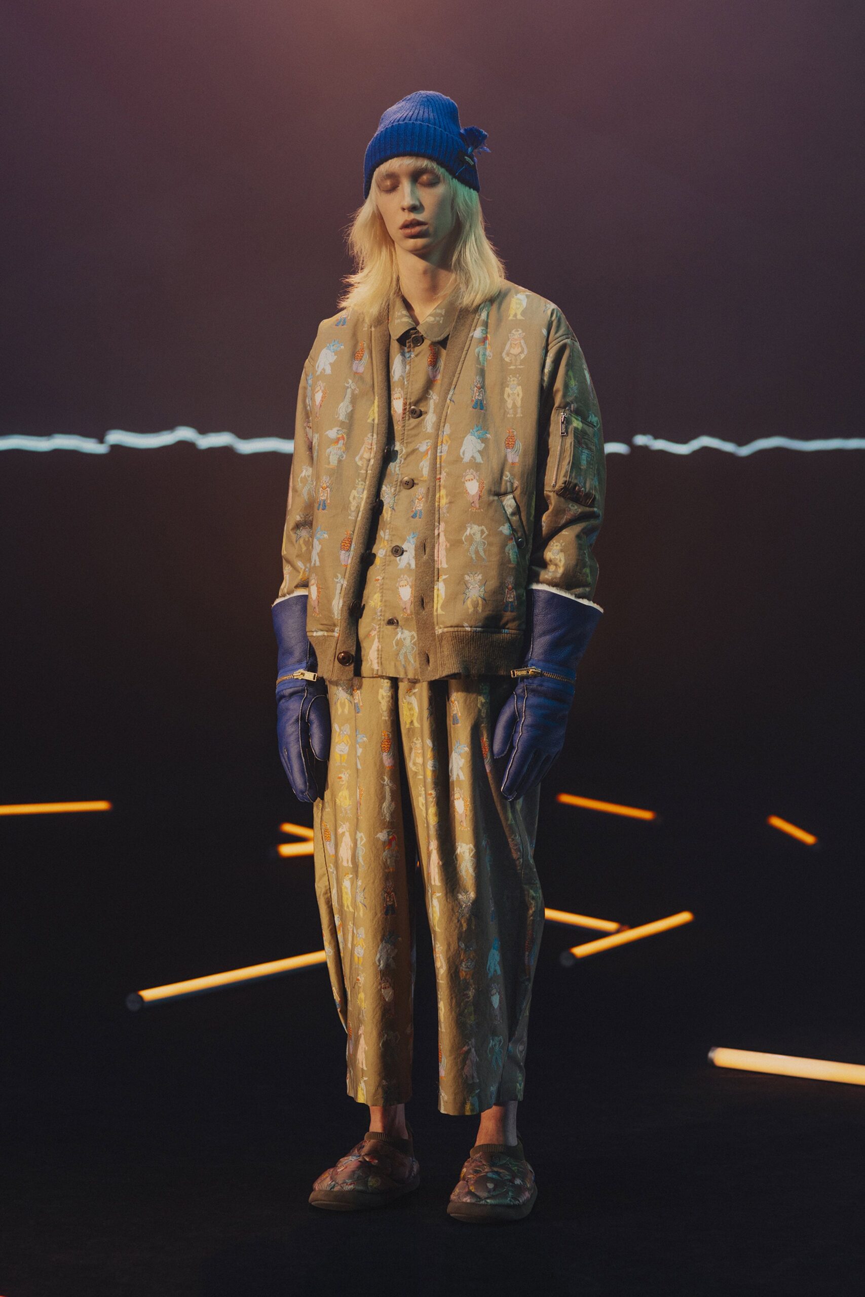 beige cotton long-sleeve collared relaxed printed jacket