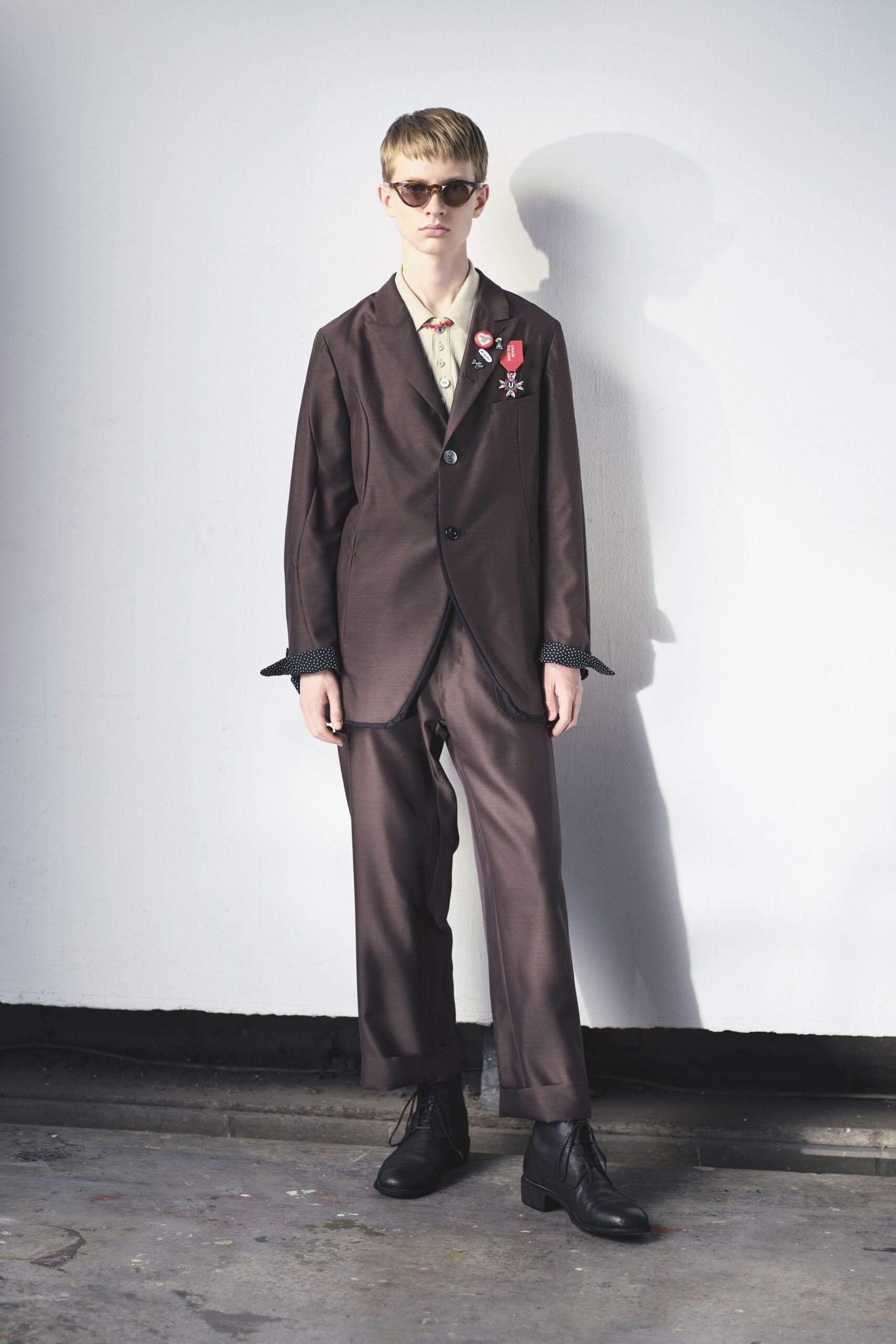 brown silk long-sleeve collared tailored buttoned suit