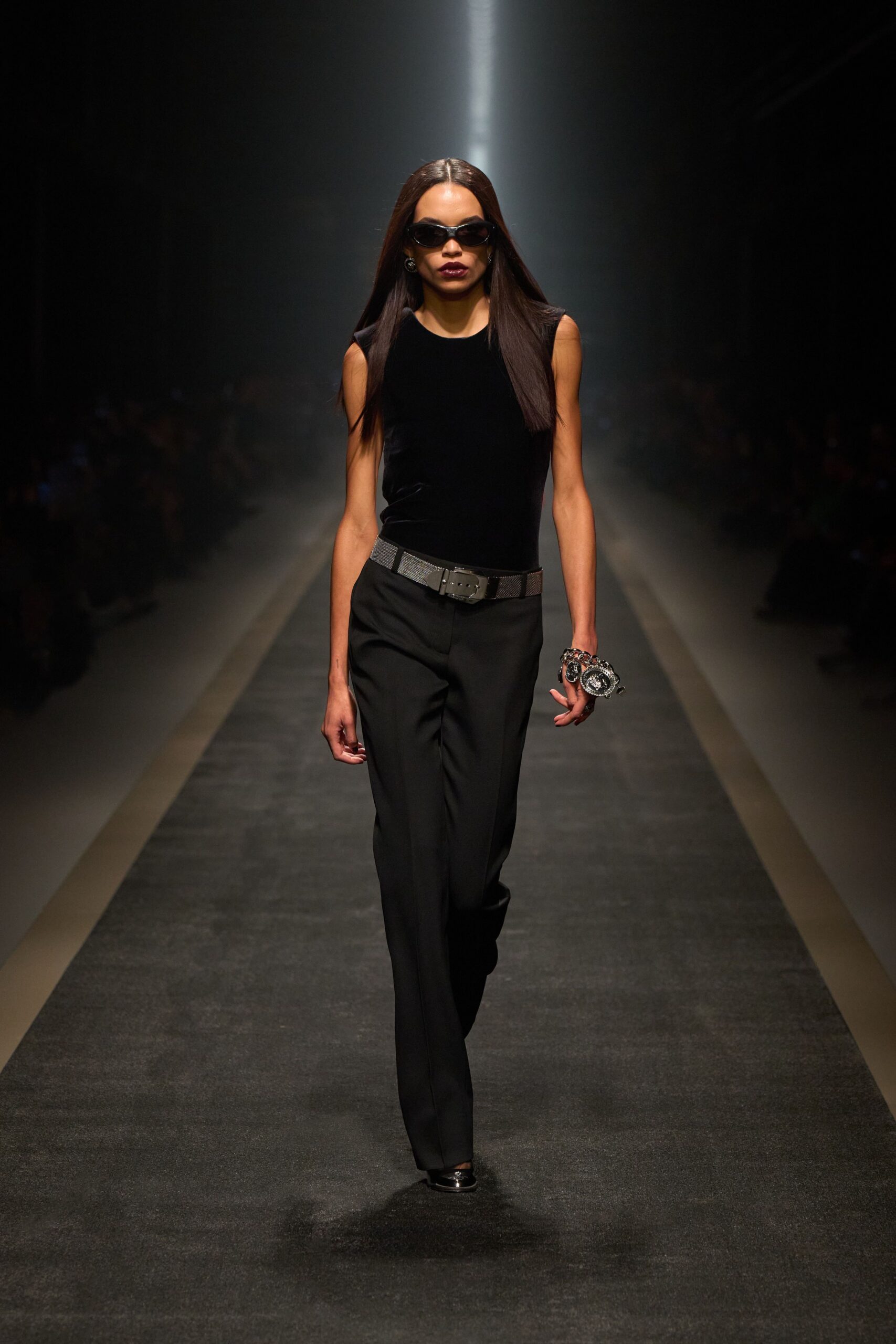 black fitted velvet top and pants