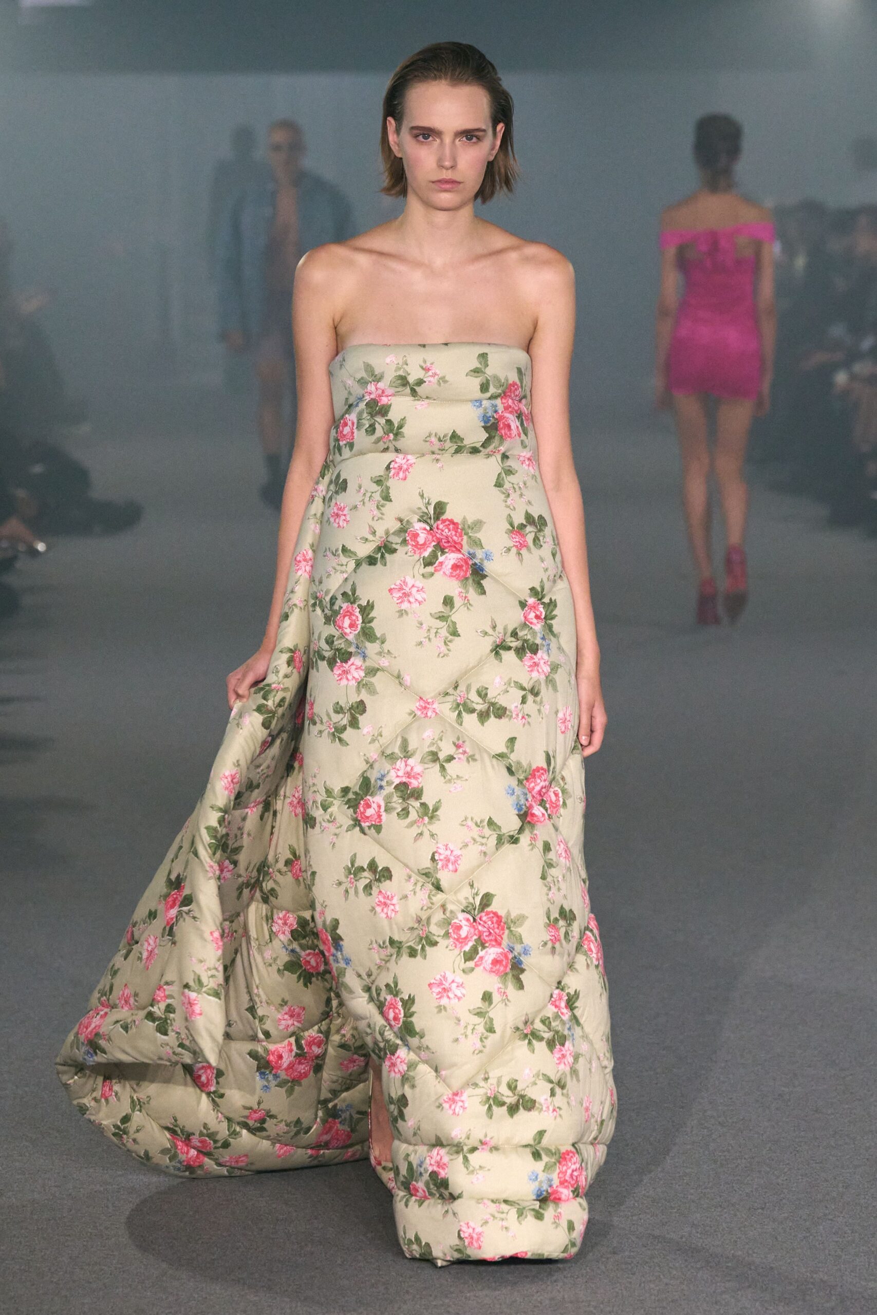 beige floral padded gown