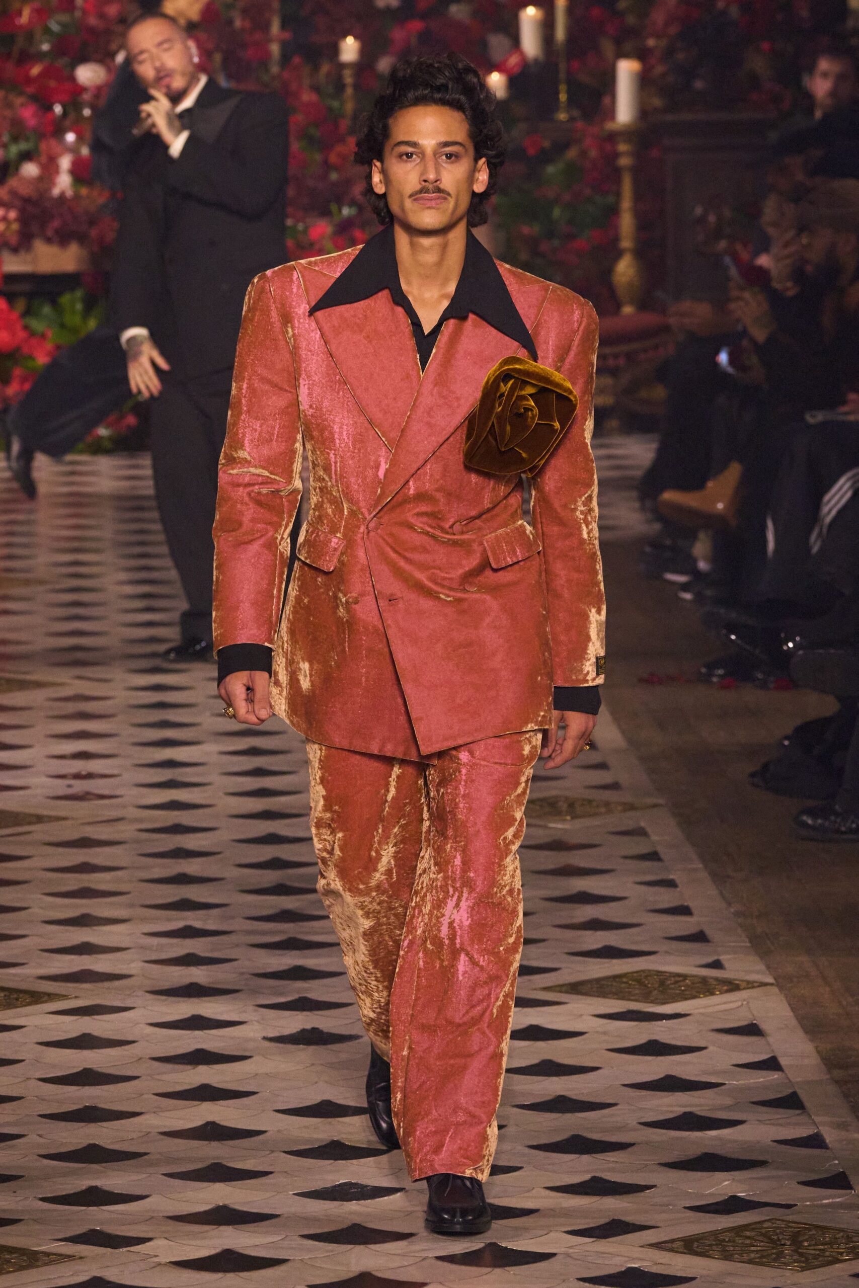 pink velvet long-sleeve collared tailored buttoned shiny suit