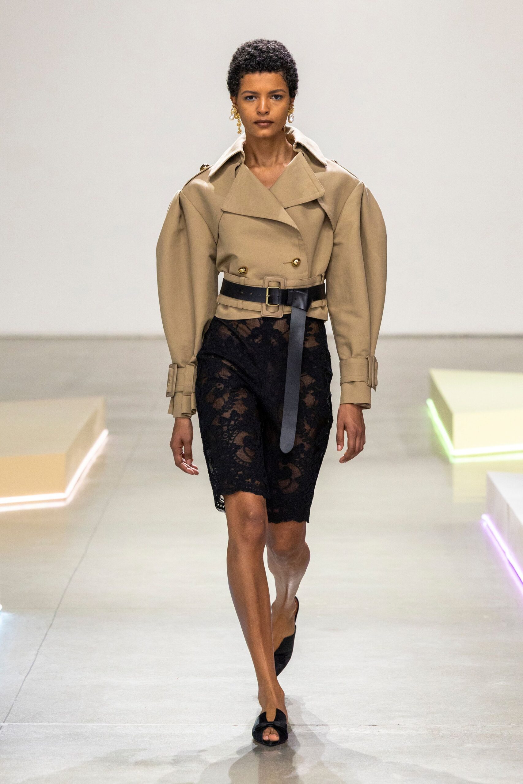 beige cotton long-sleeve collared structured belted coat