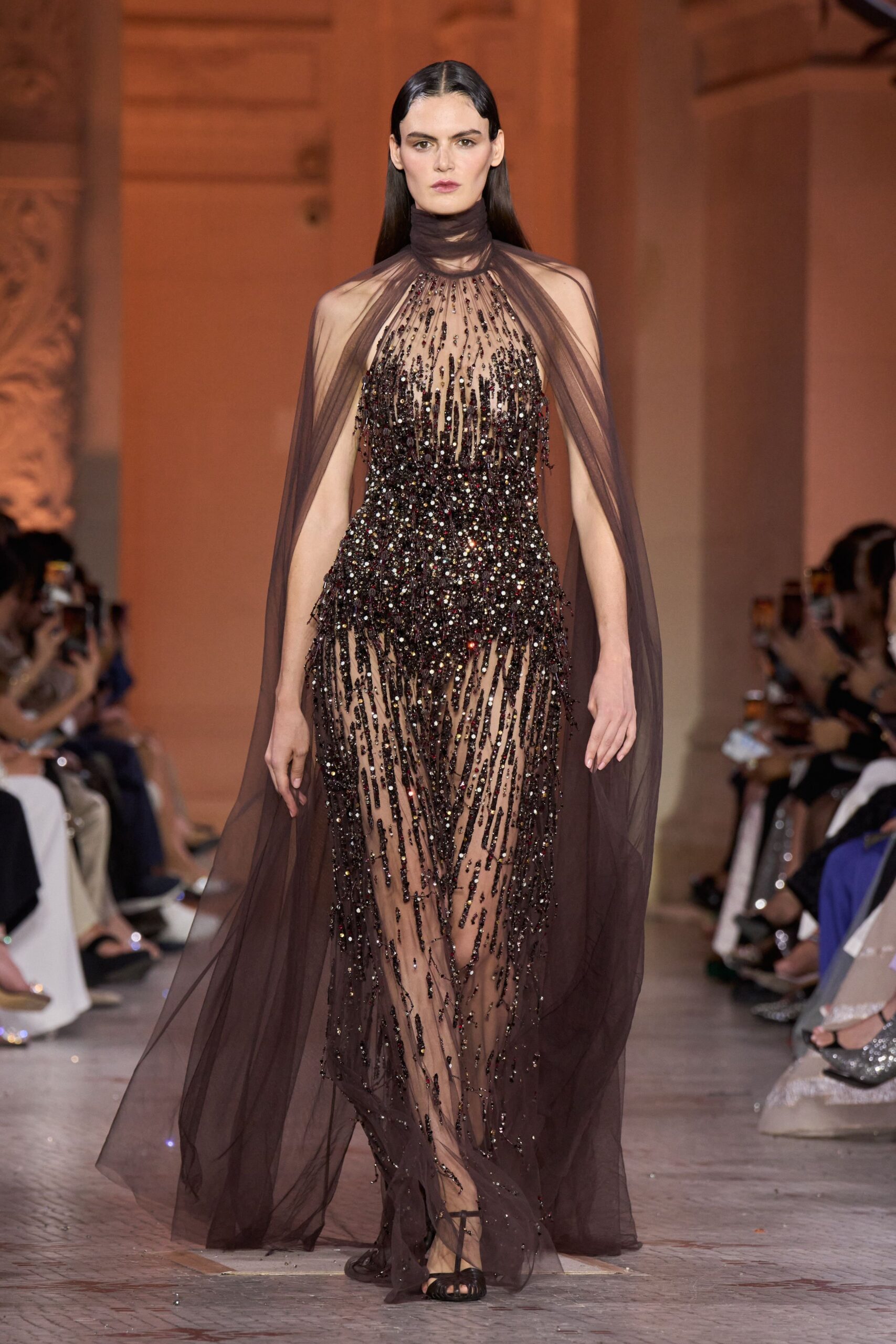 brown silk beaded gown