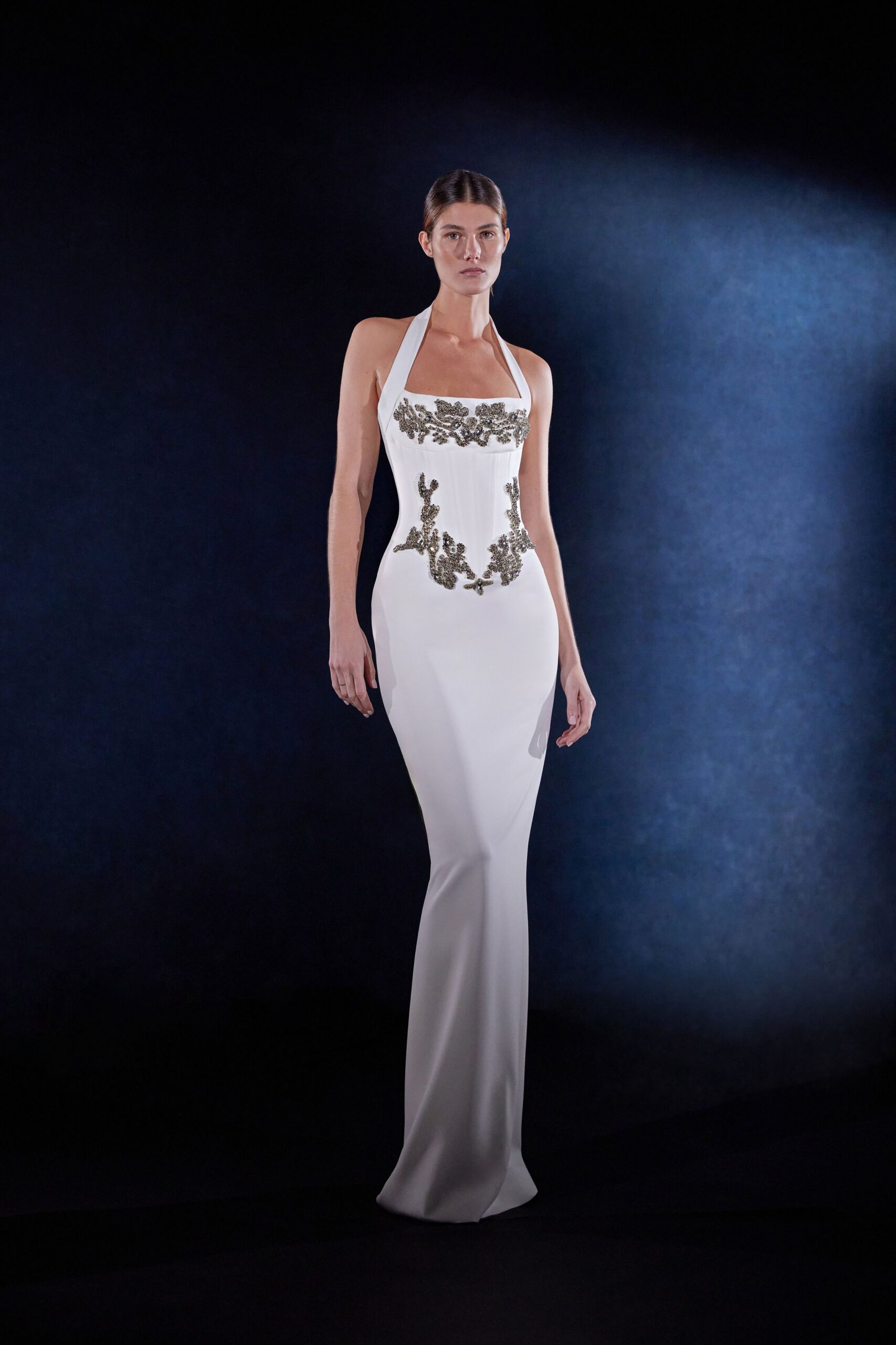 white silk halter gown