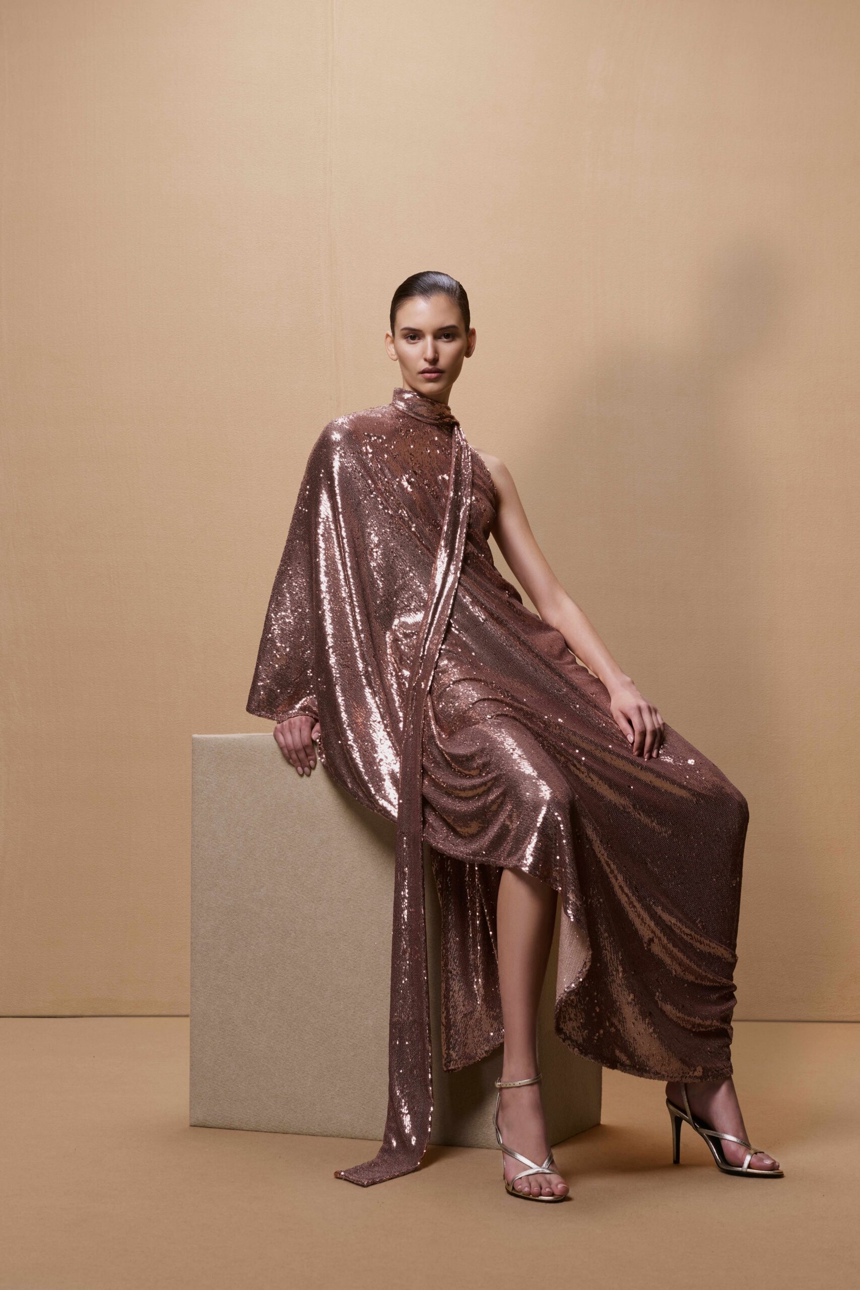 brown sequin sleeveless high-neck fitted draped shiny gown