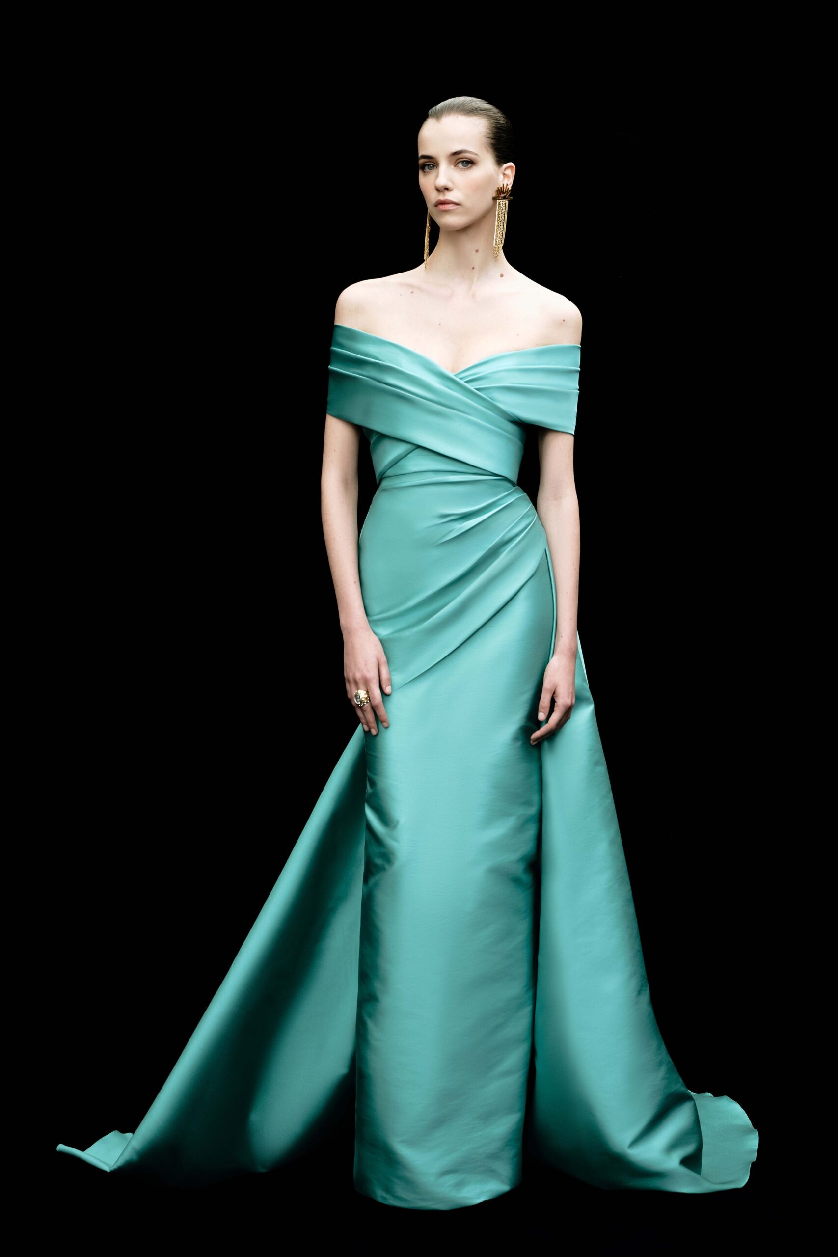 teal satin off-shoulder gown