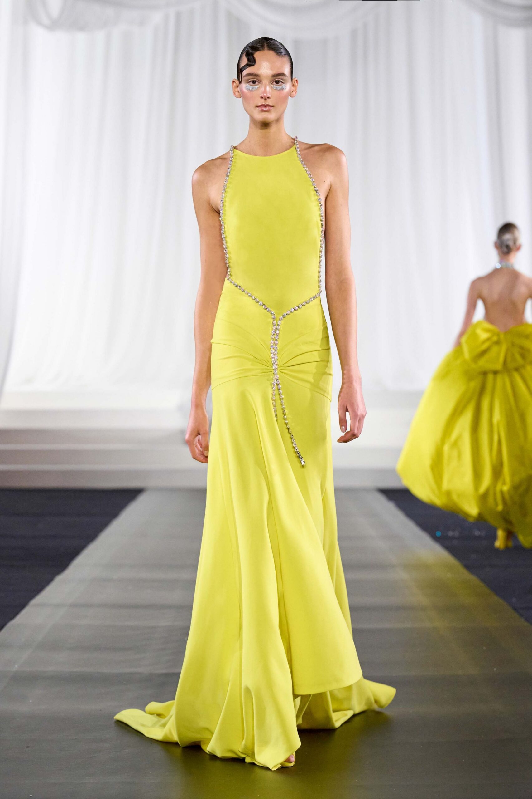 yellow silk sleeveless gown