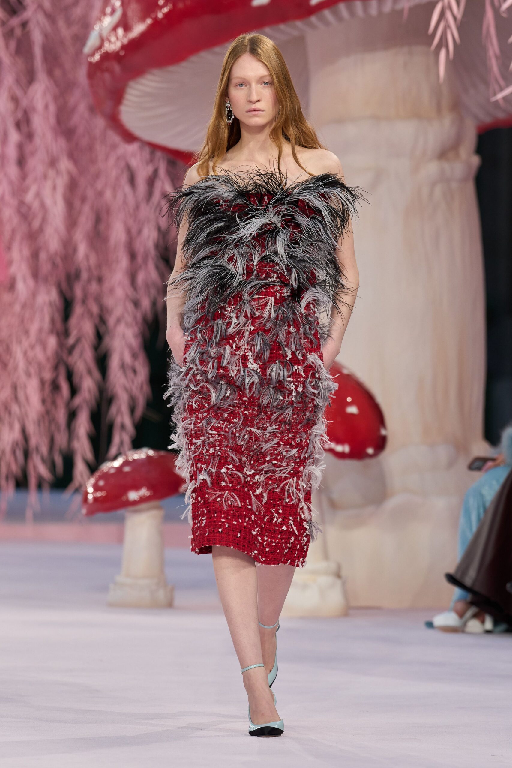 red feather strapless fitted ruffled embellished textured dress
