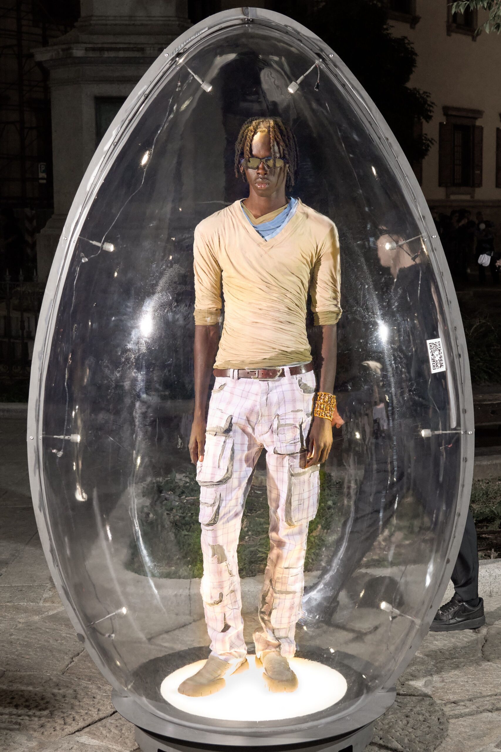 beige fitted top with cargo pants