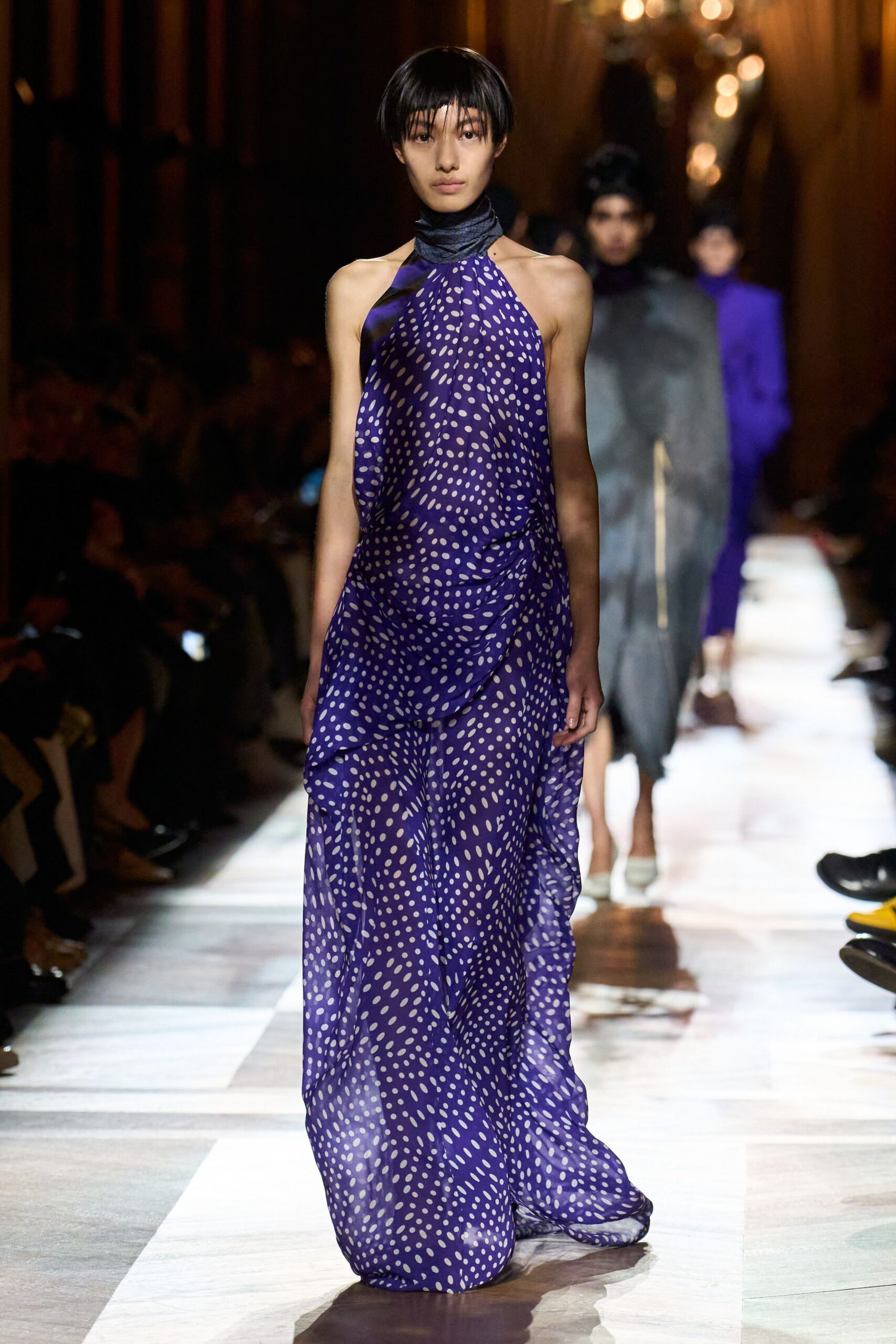 purple silk sleeveless gown