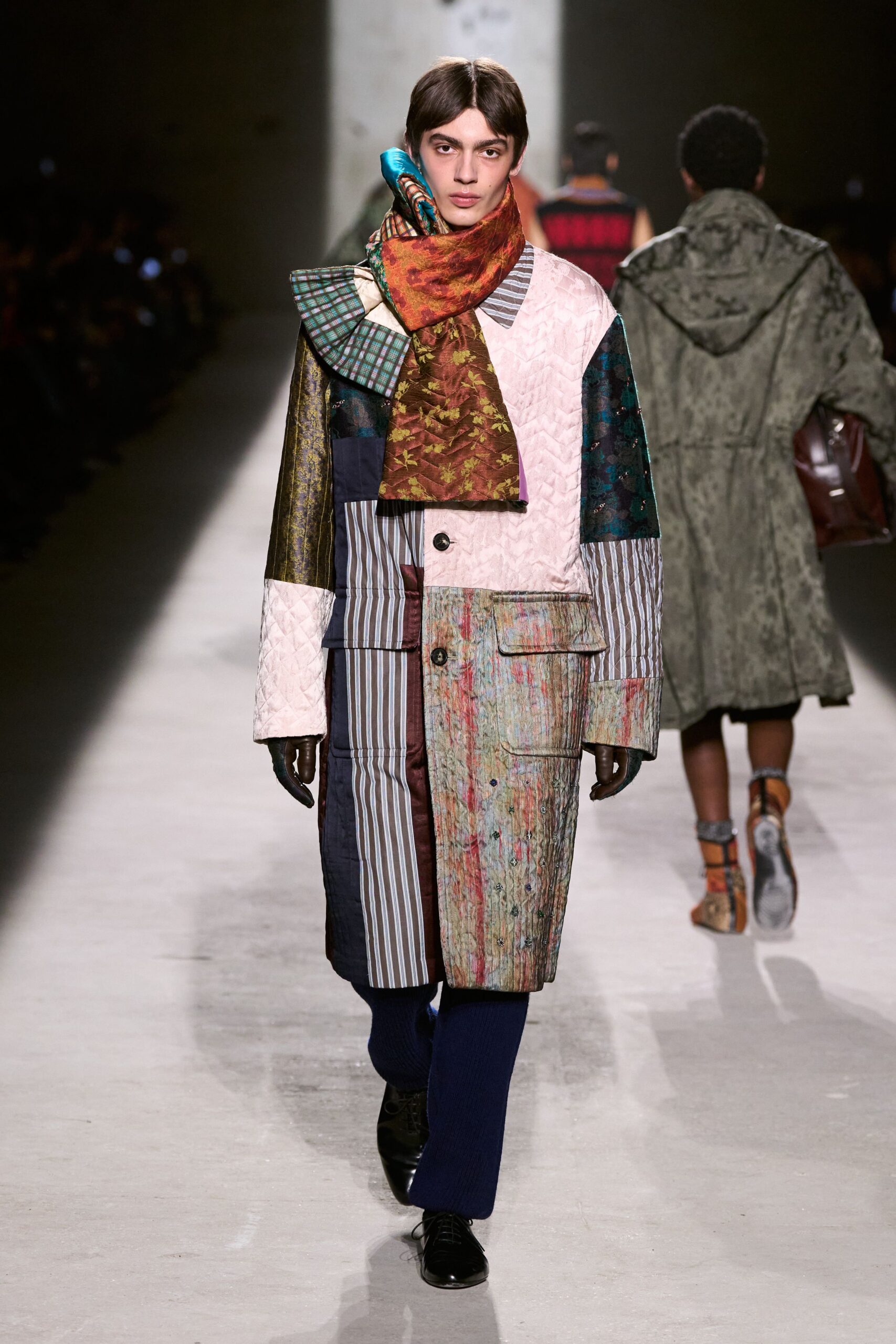 multi cotton long-sleeve collared relaxed patchwork buttoned coat