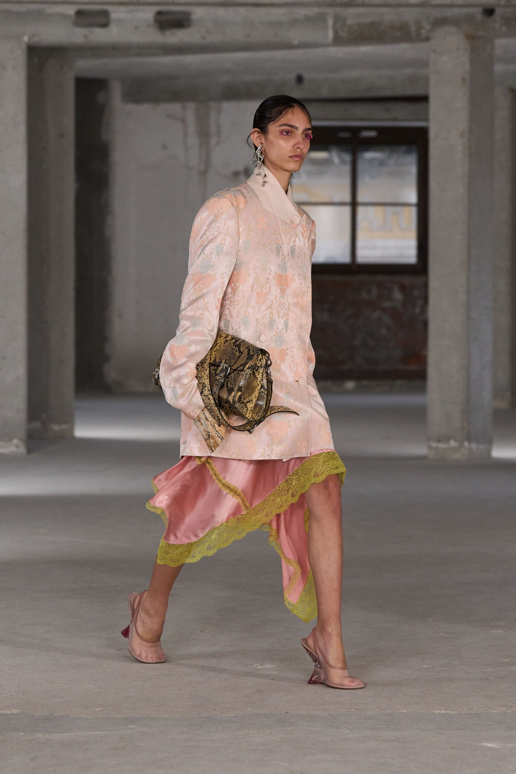pink silk long-sleeve collared fitted layered midi dress