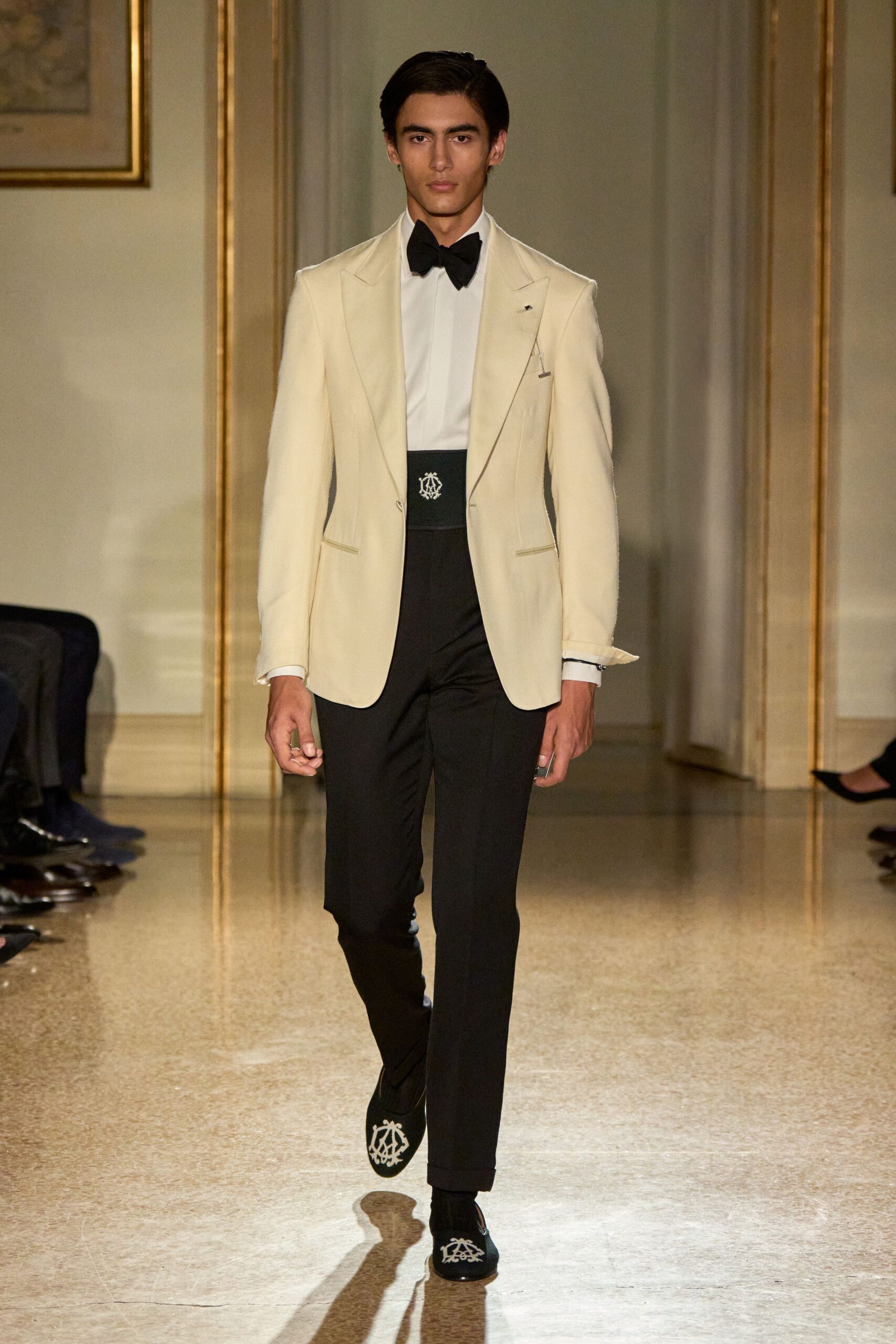 beige tailored blazer black pants