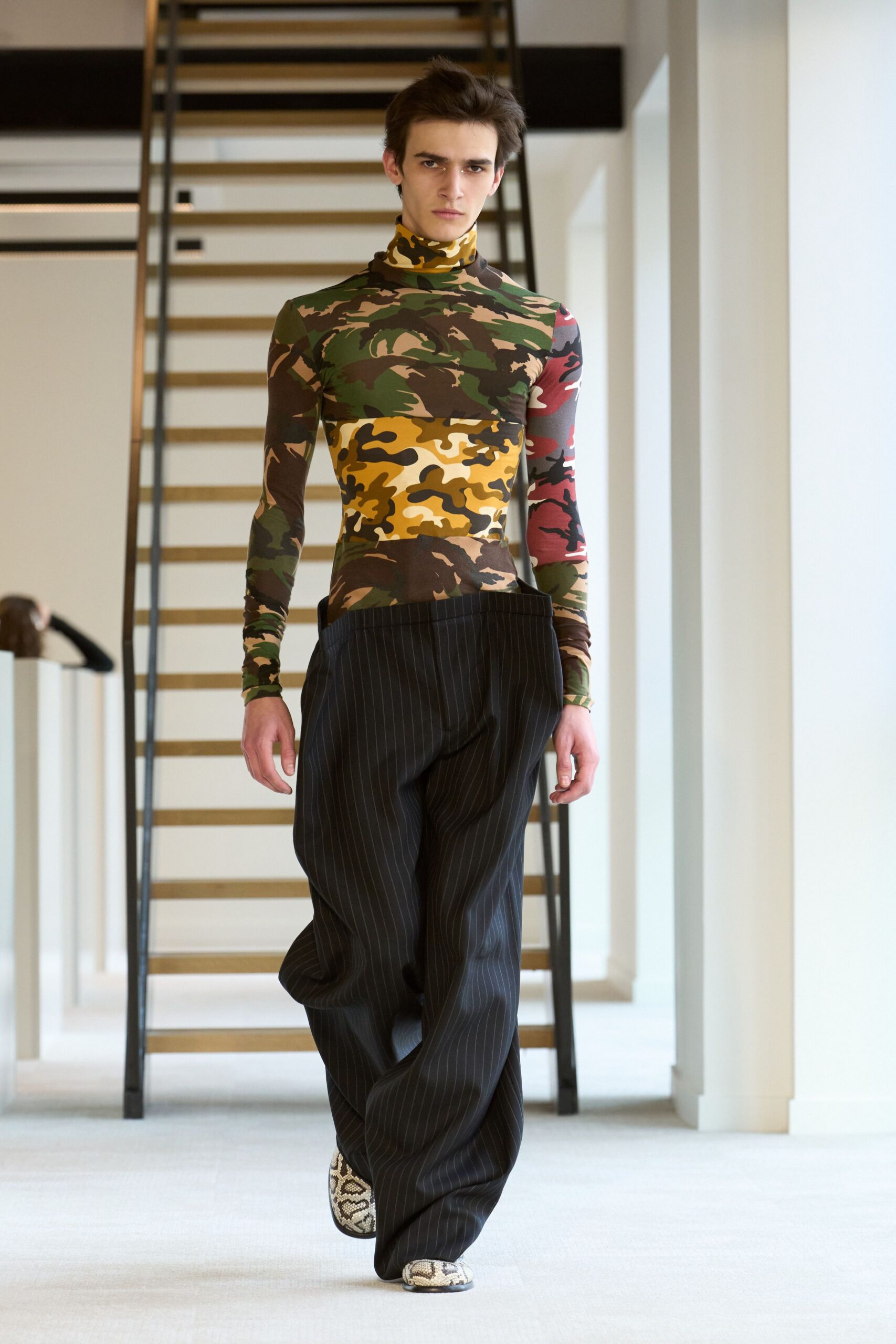 fitted camouflage top with relaxed pants