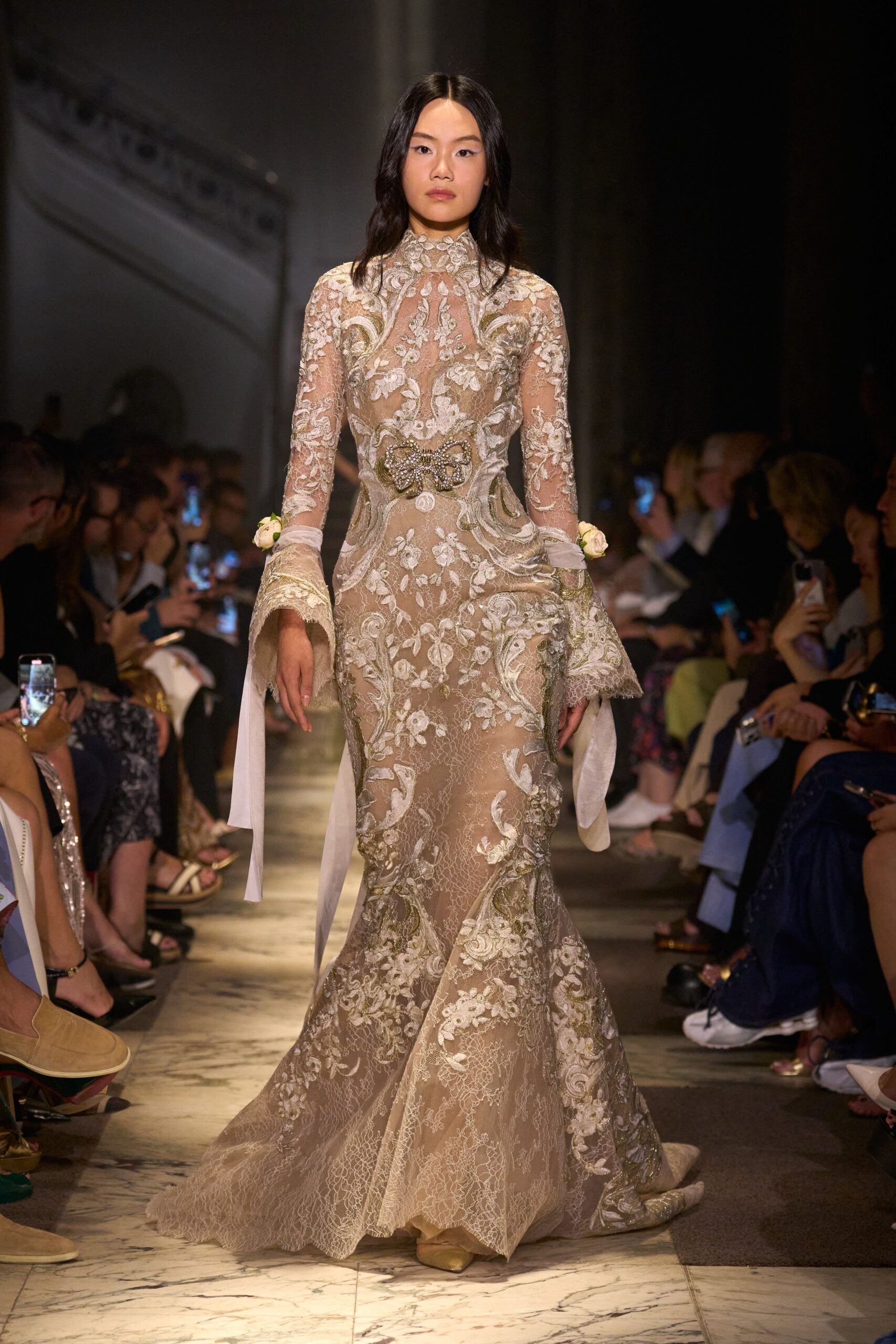 beige lace fitted gown