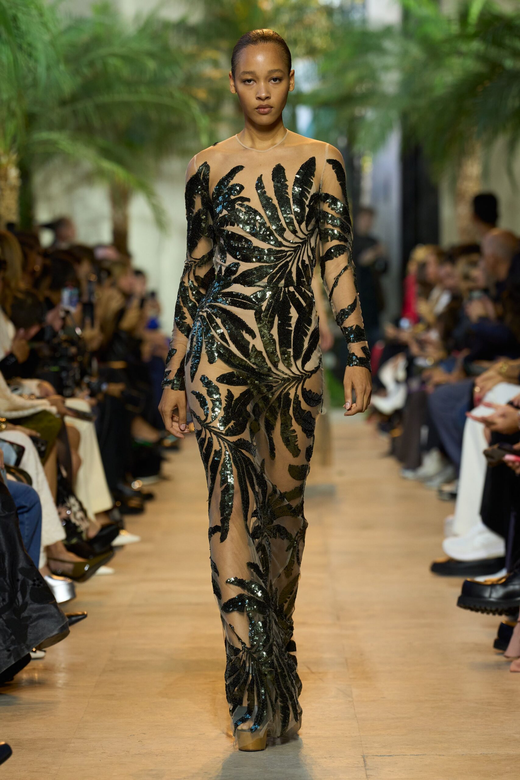 black silk long-sleeve off-shoulder fitted embroidered layered gown