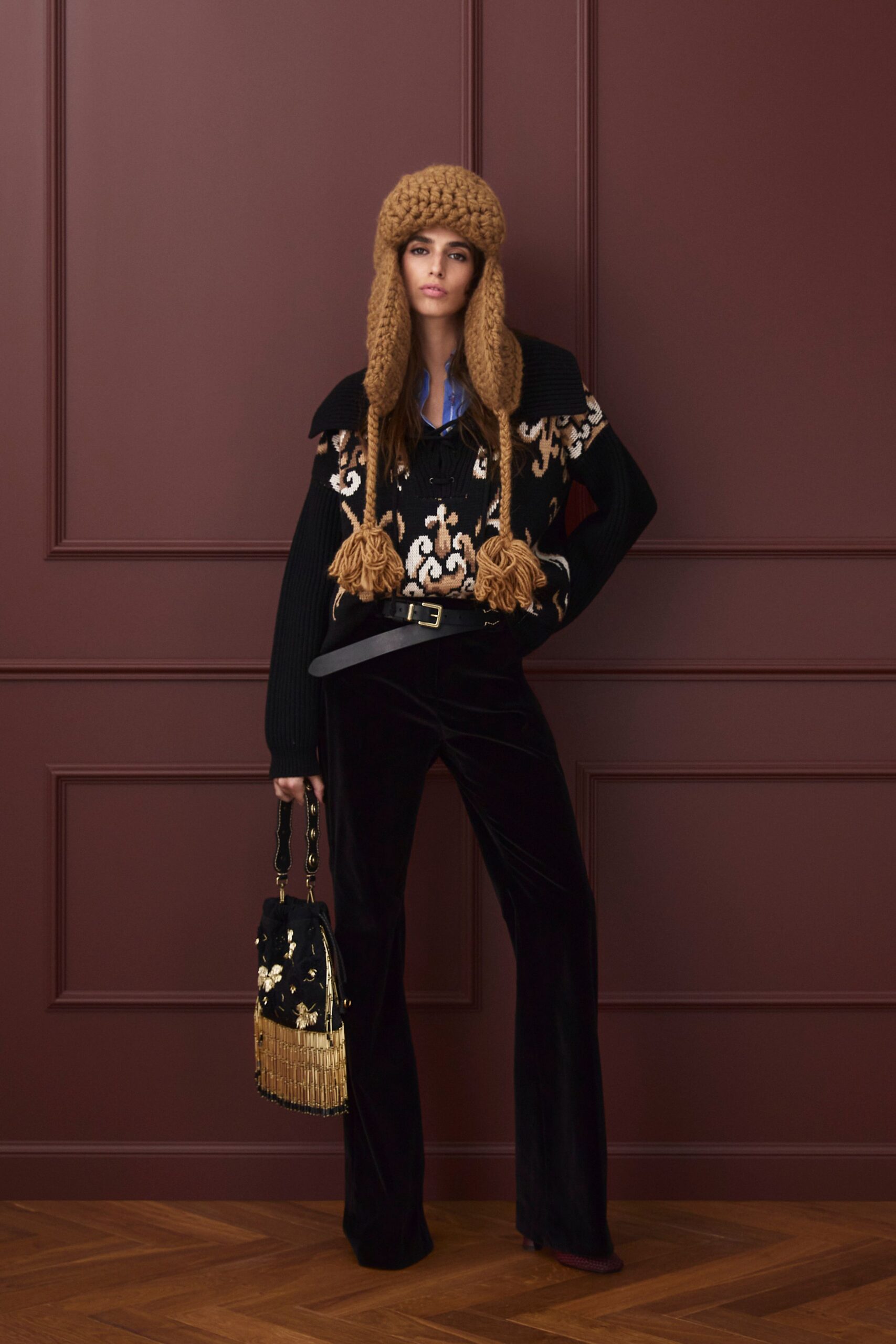 black wool long-sleeve collared fitted embroidered top