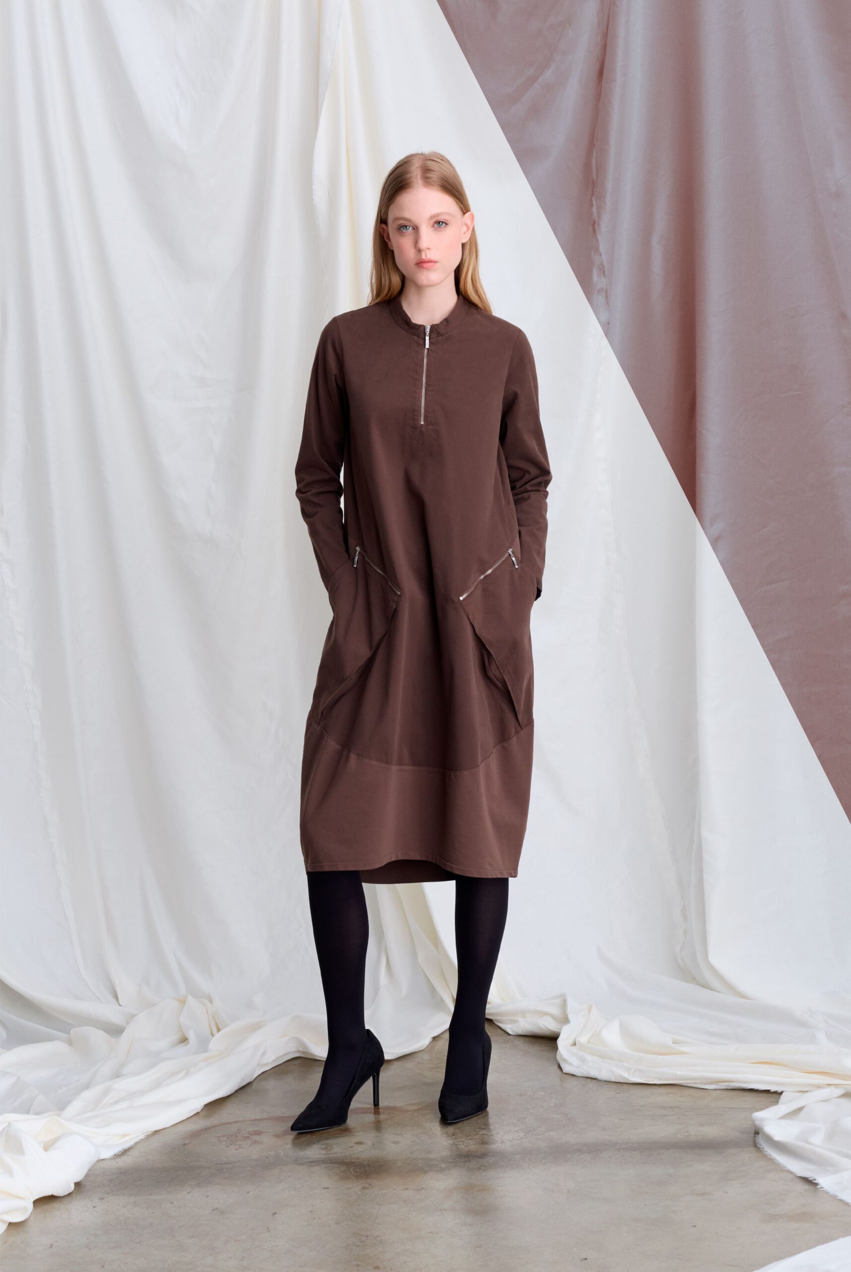 brown relaxed midi dress with pockets