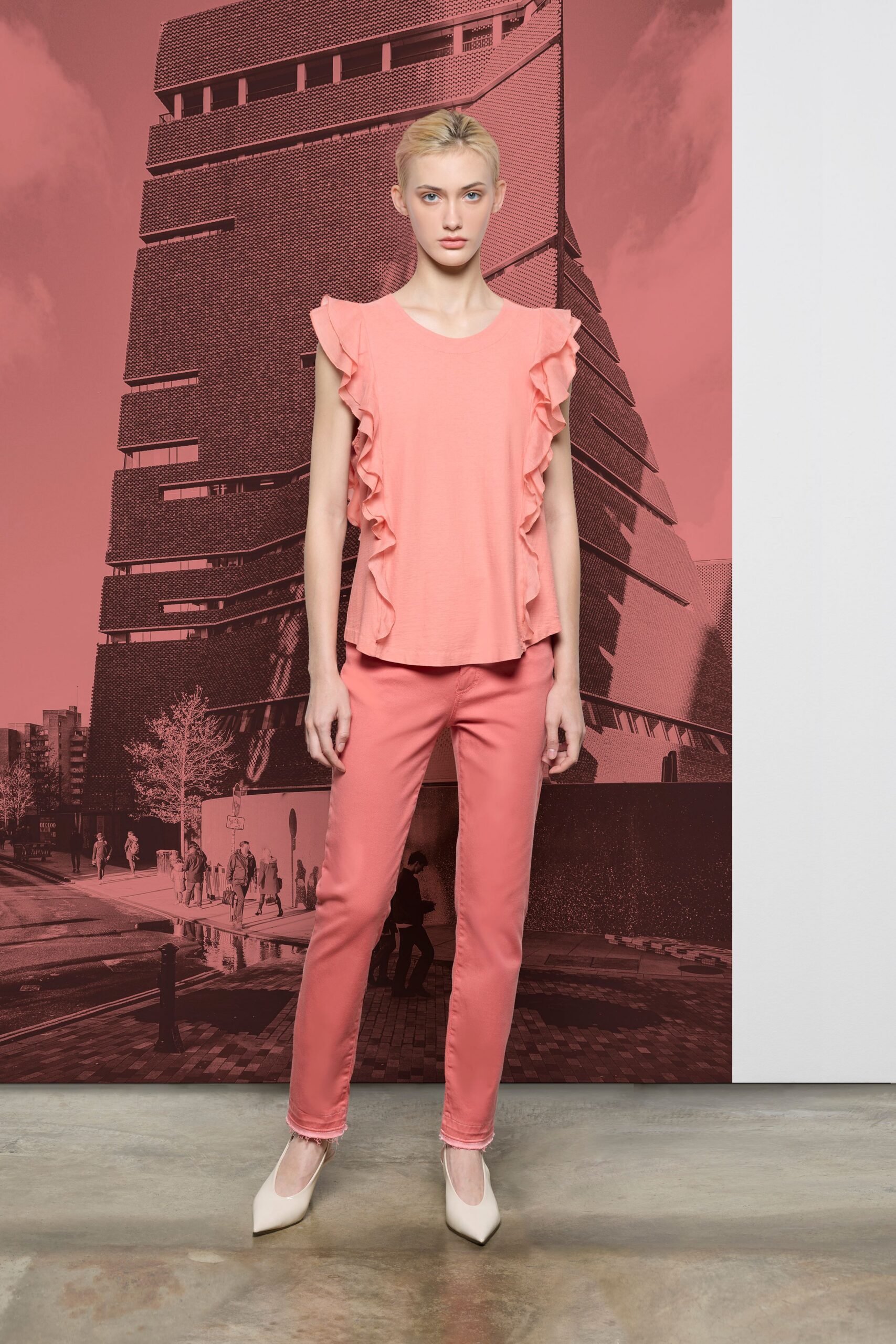 pink ruffled top and pants