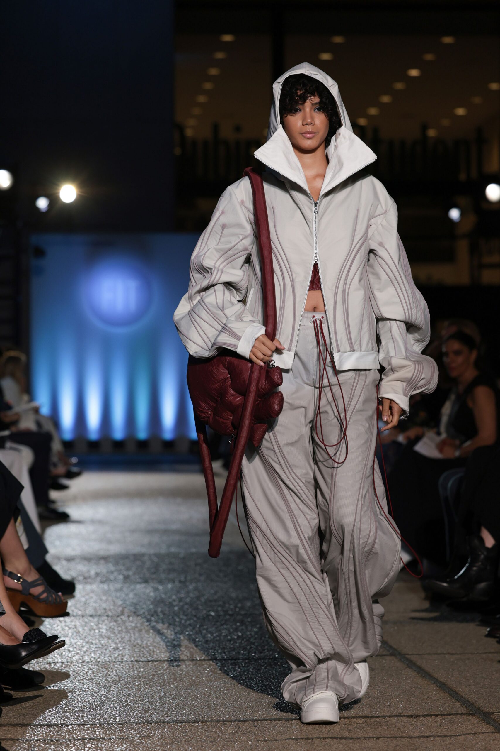 gray cotton hooded long-sleeve oversized zippered jacket