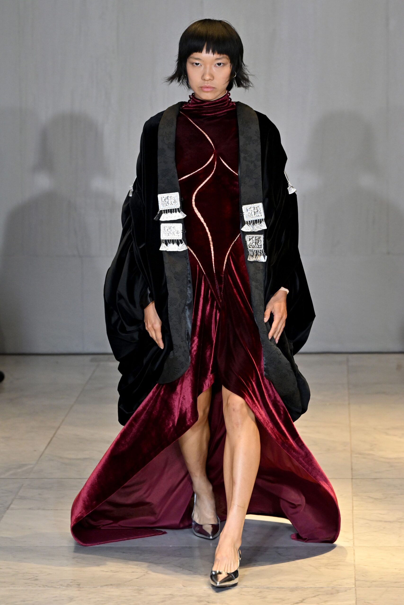 red velvet long-sleeve high-neck fitted draped embellished gown