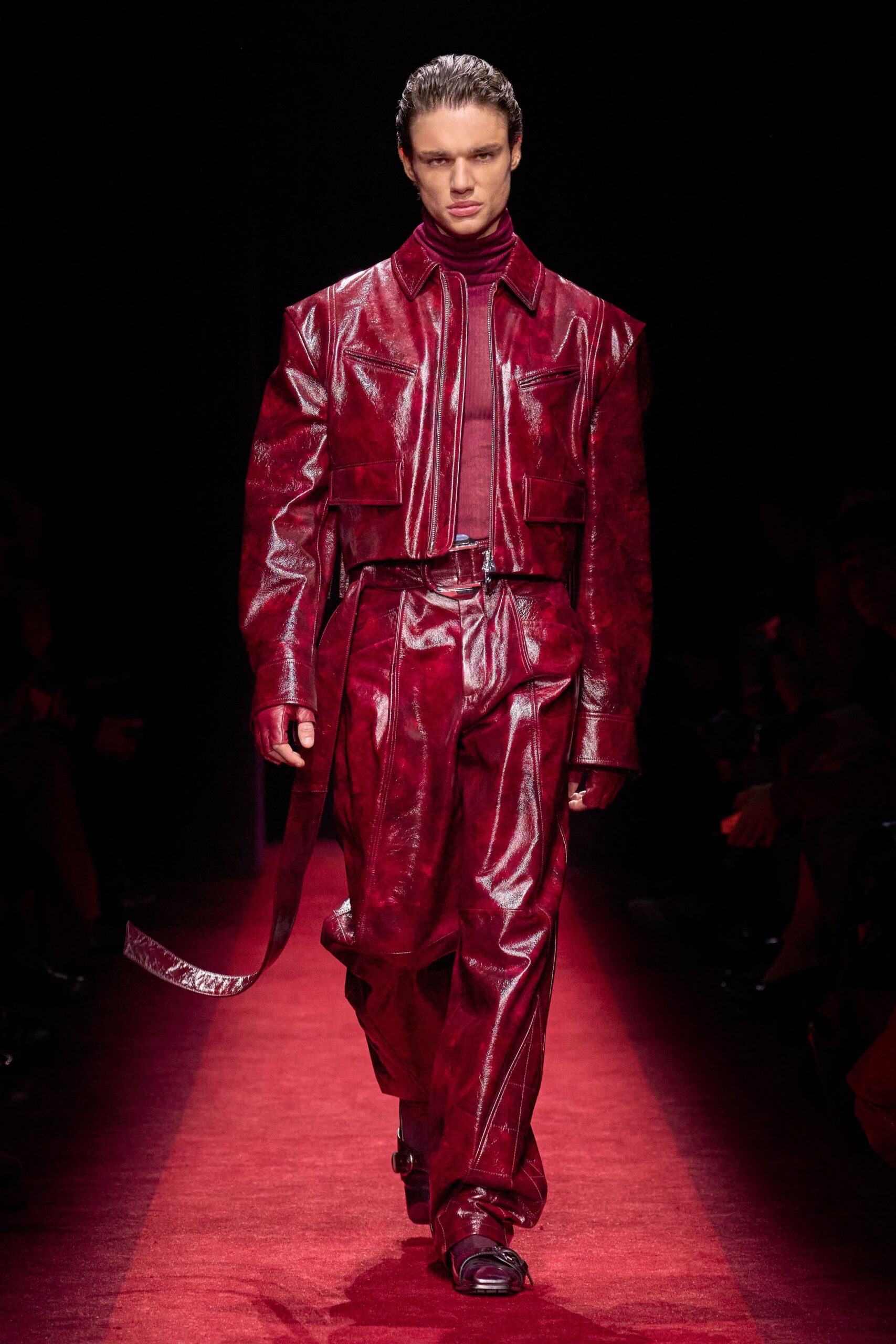 red leather fitted straight-leg pants