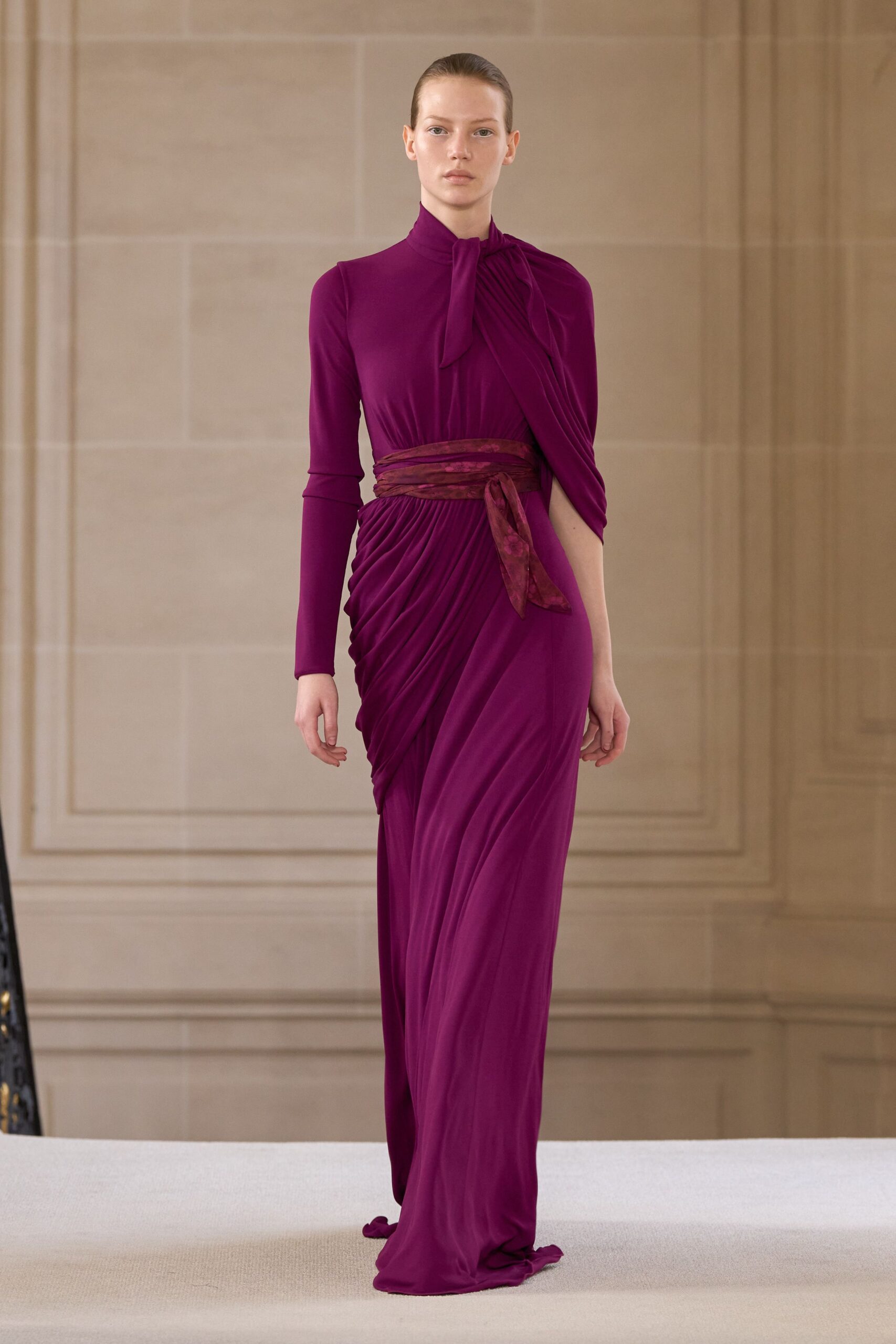 fitted purple silk gown