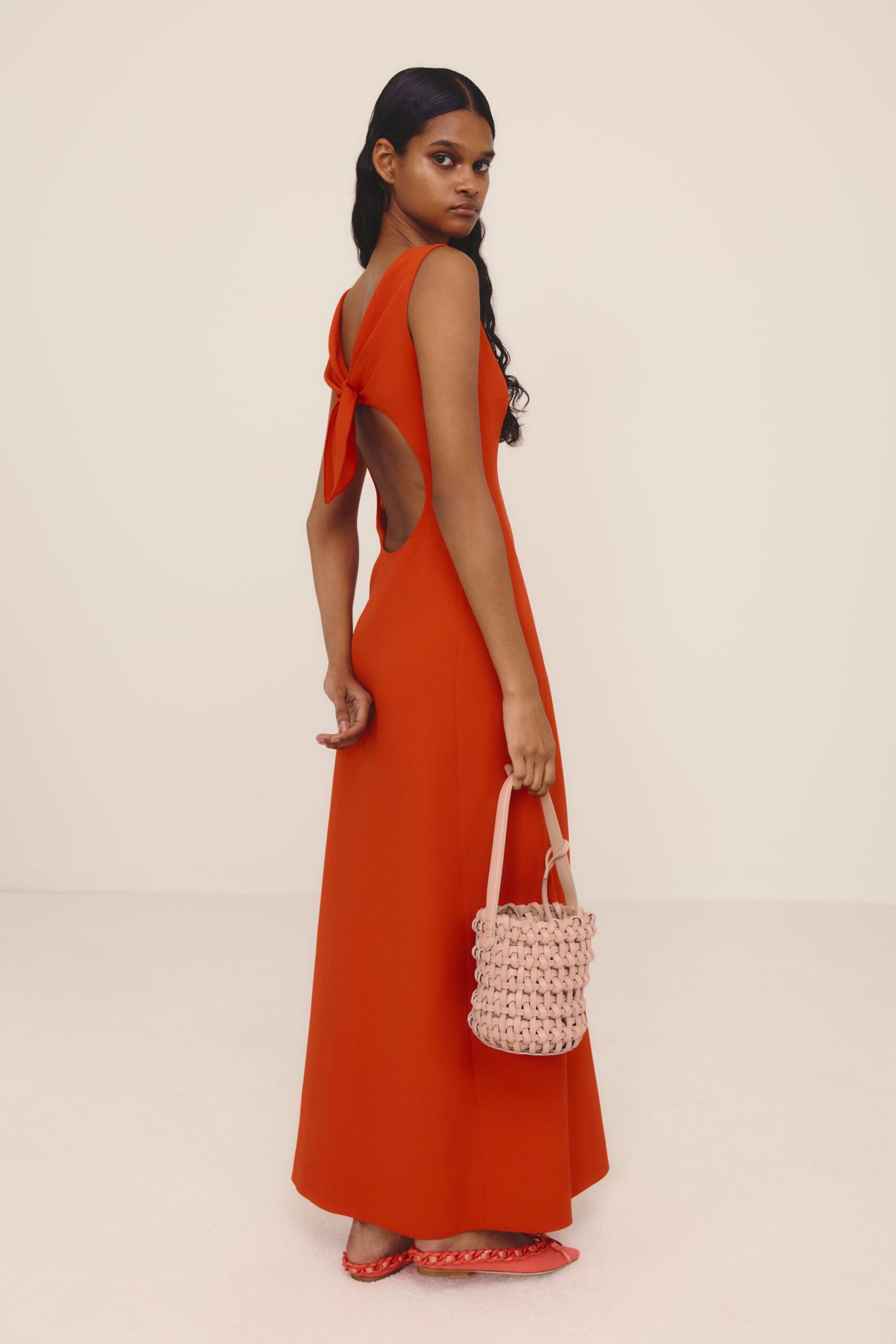 red silk backless gown