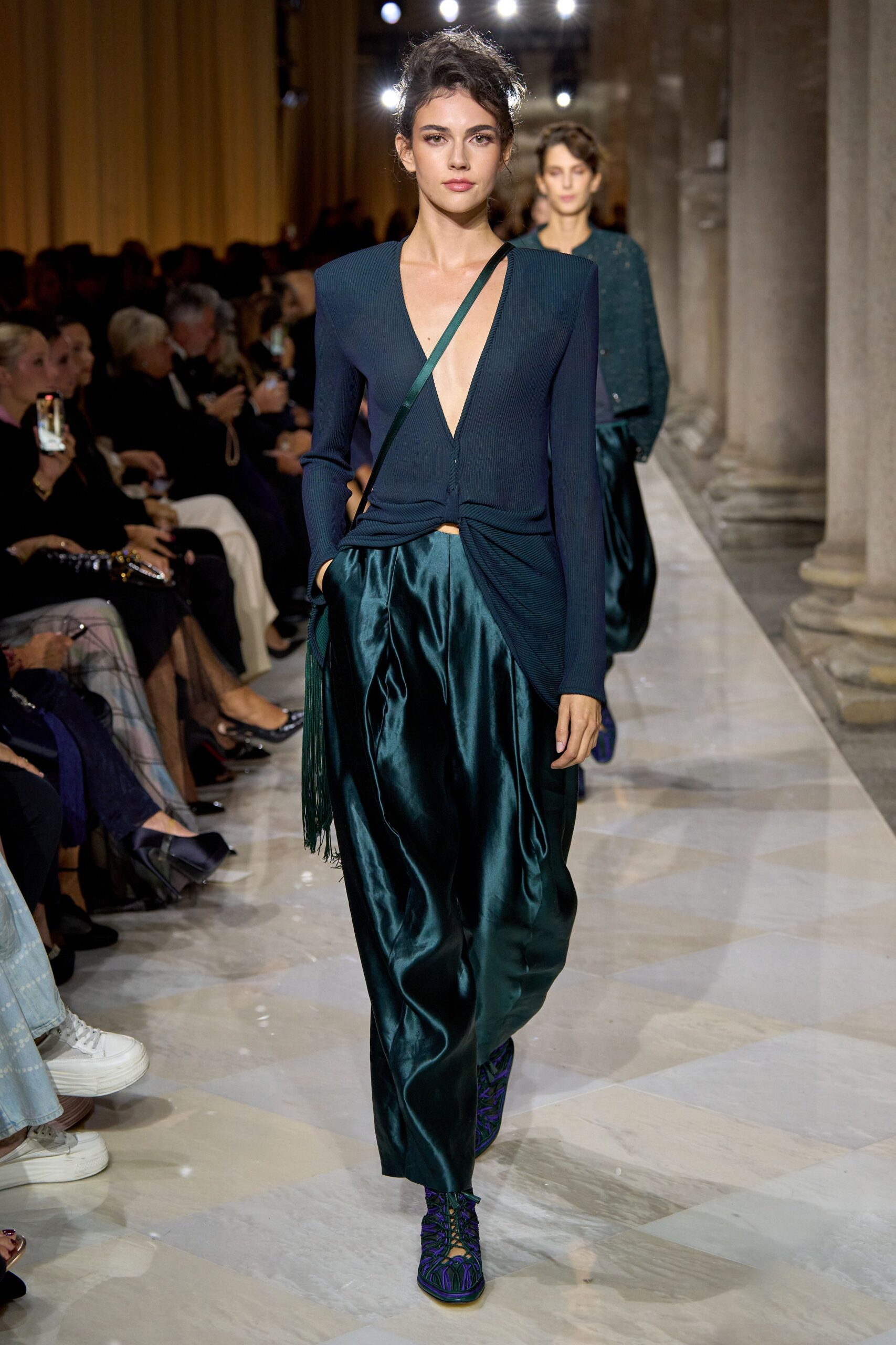 green silk relaxed wide-leg flowing pants