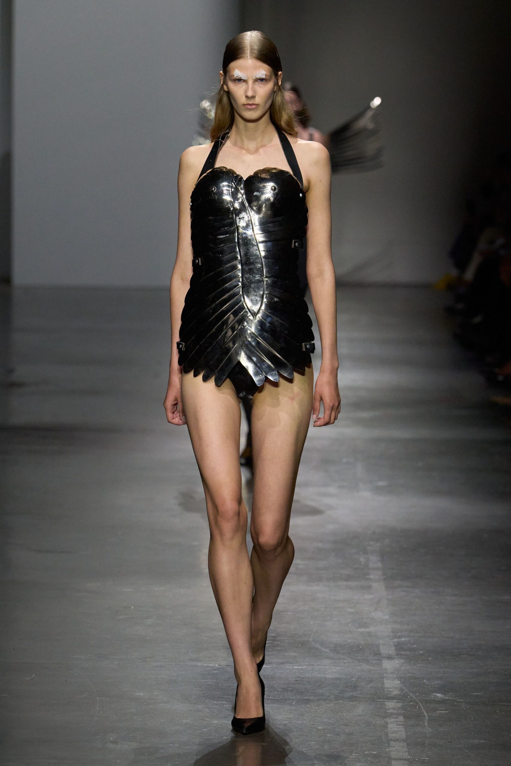 black metallic strapless high-neck fitted embellished shiny bodysuit
