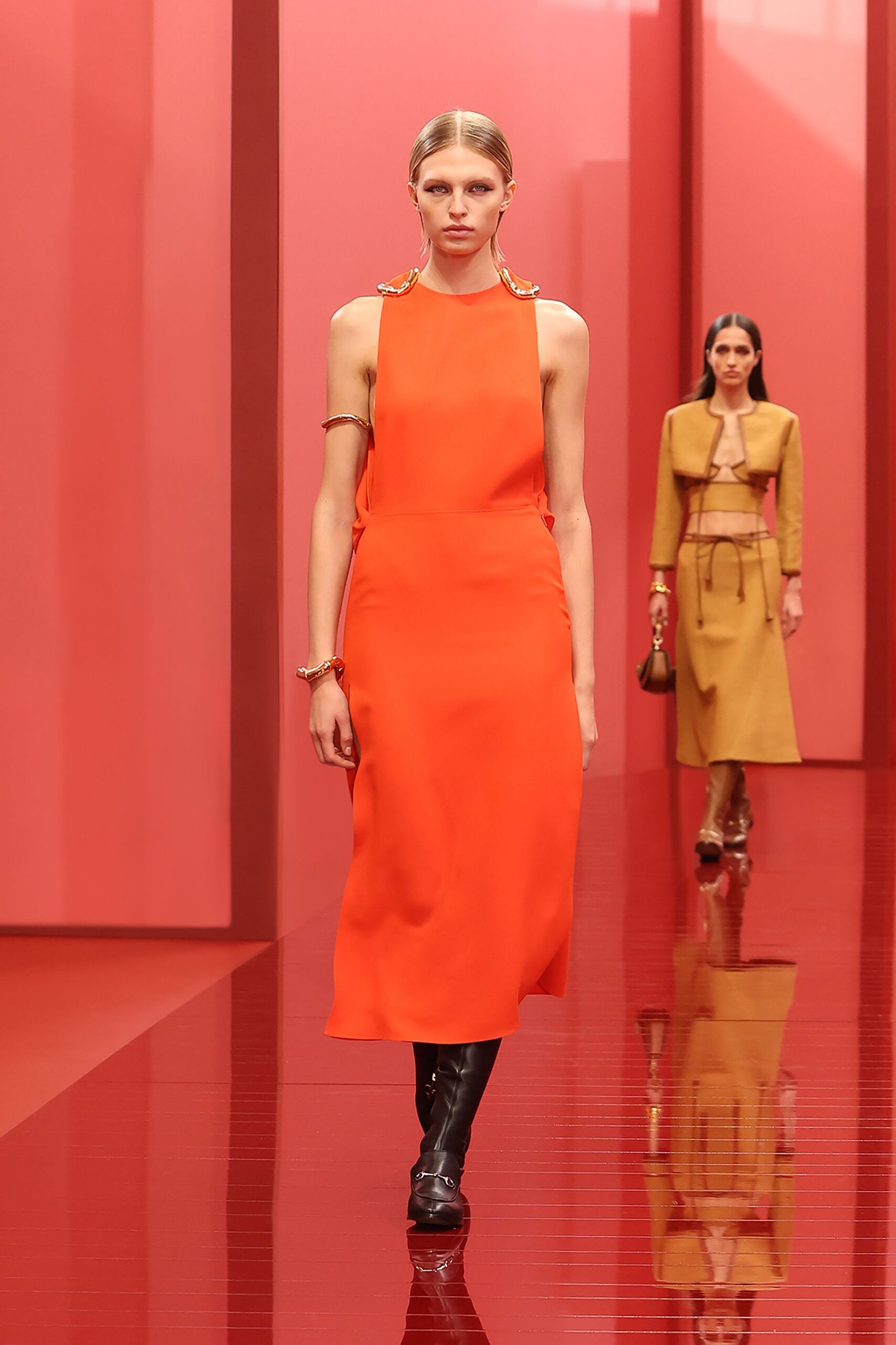 orange silk sleeveless high-neck fitted straight-leg midi dress