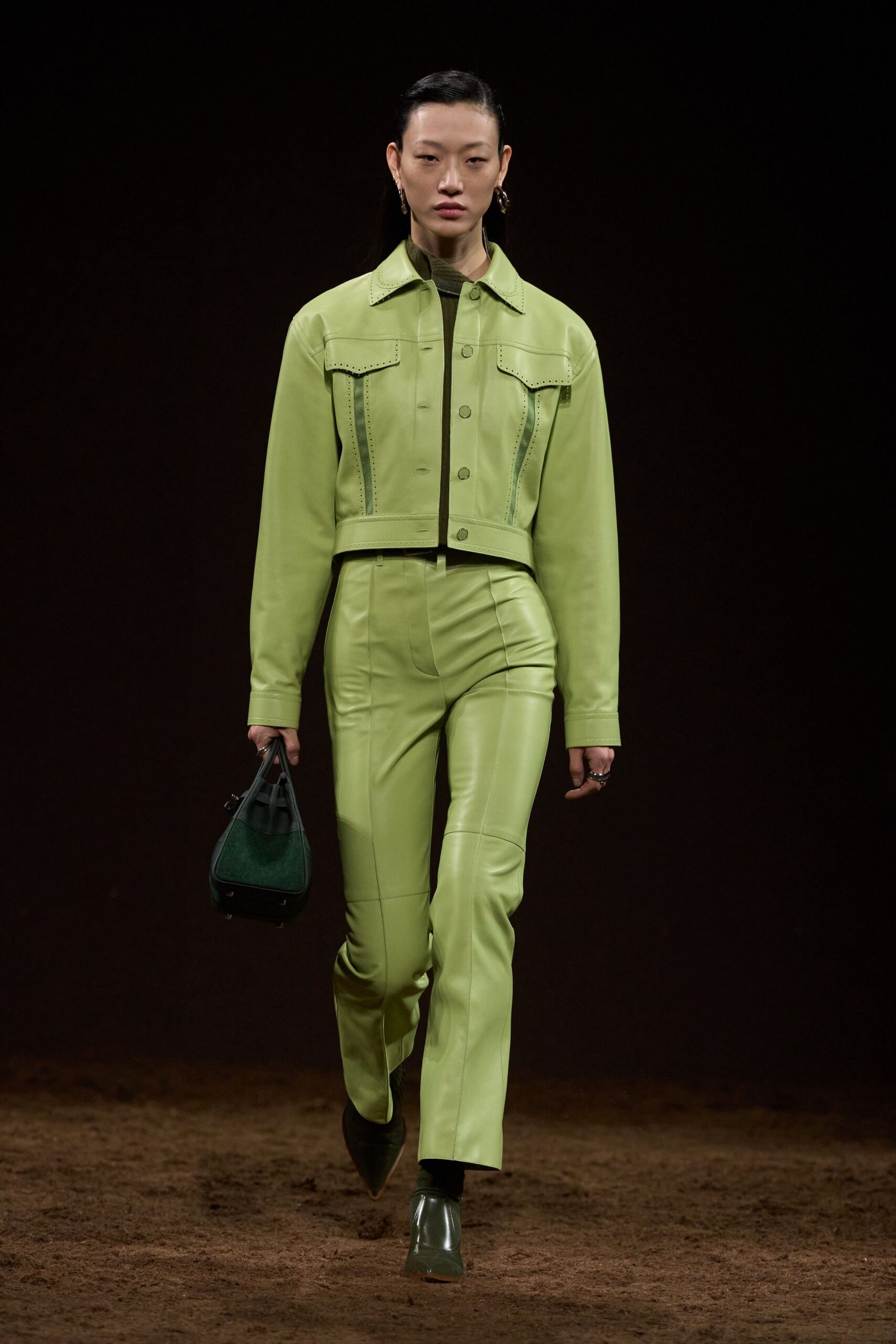 green leather long-sleeve collared fitted zippered jacket