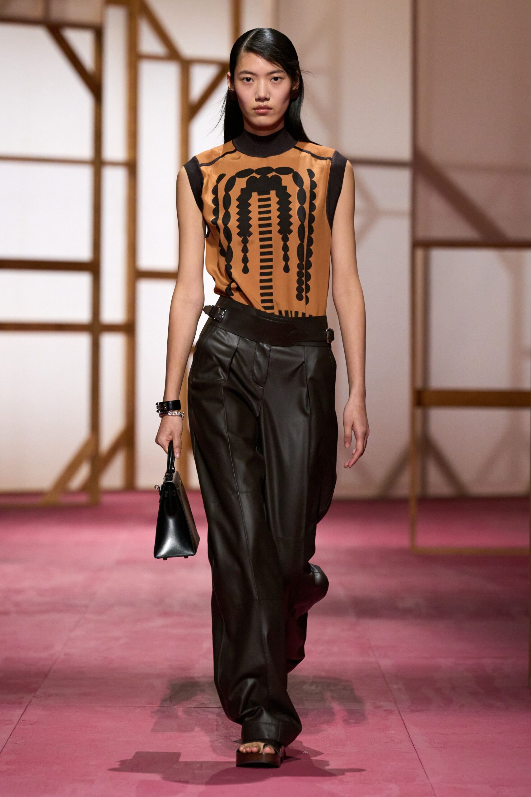 brown silk sleeveless high-neck fitted printed top
