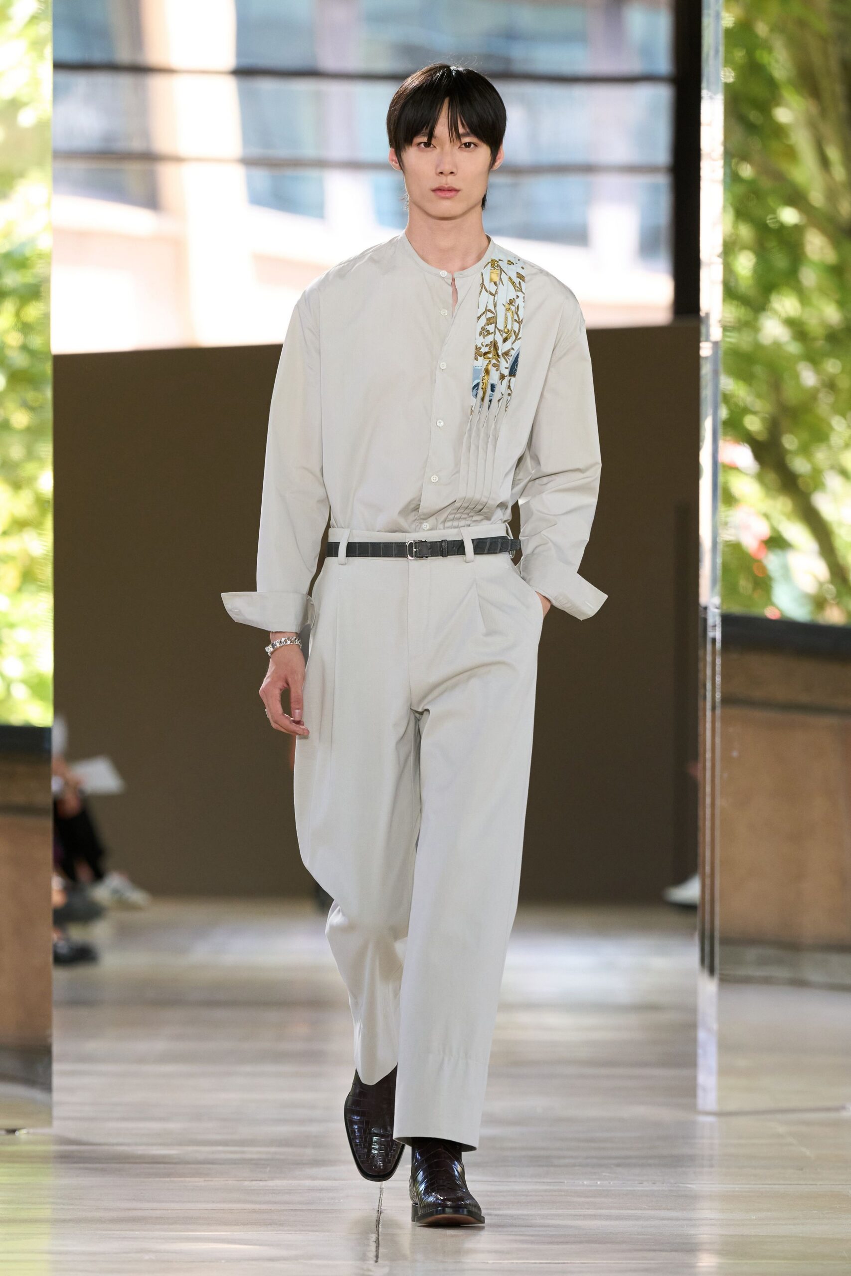 white shirt beige pants