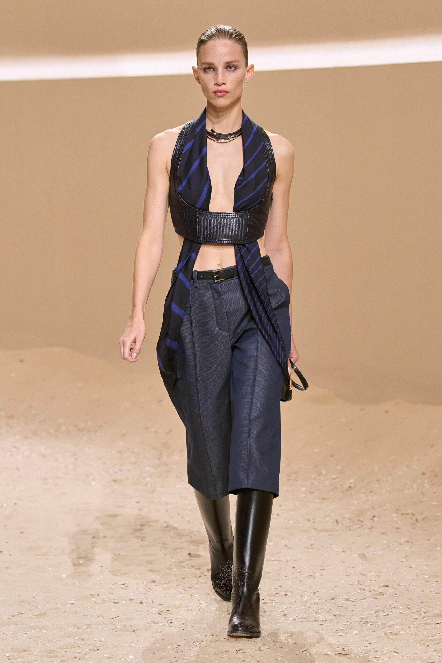 black fitted halter top with wide-leg pants