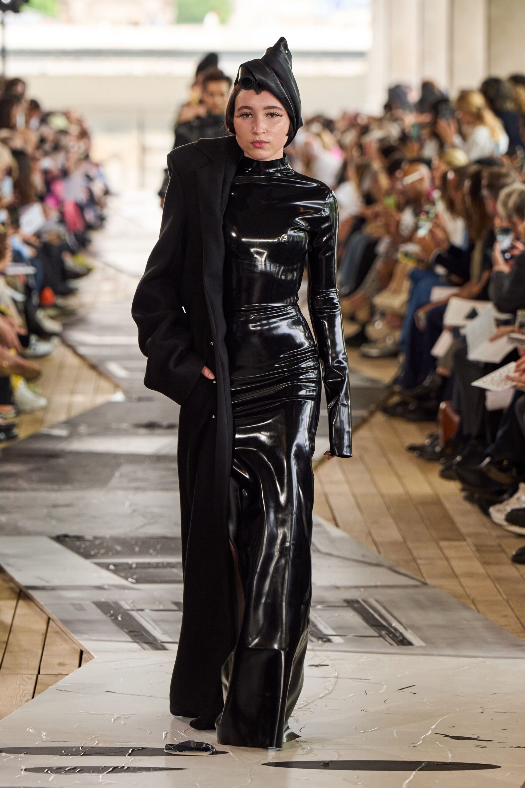 black vinyl long-sleeve high-neck fitted zippered shiny gown
