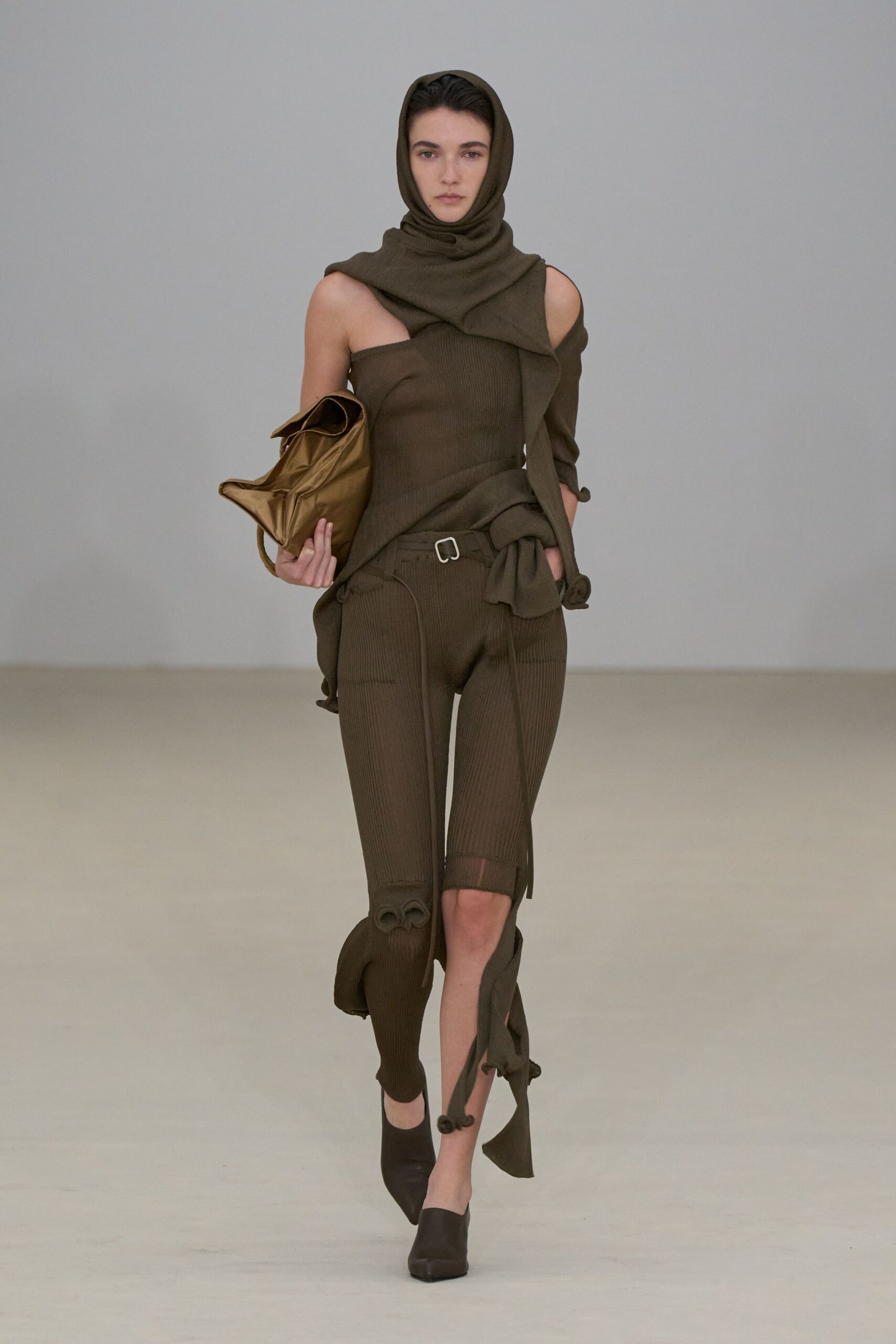 brown fitted jumpsuit with bag
