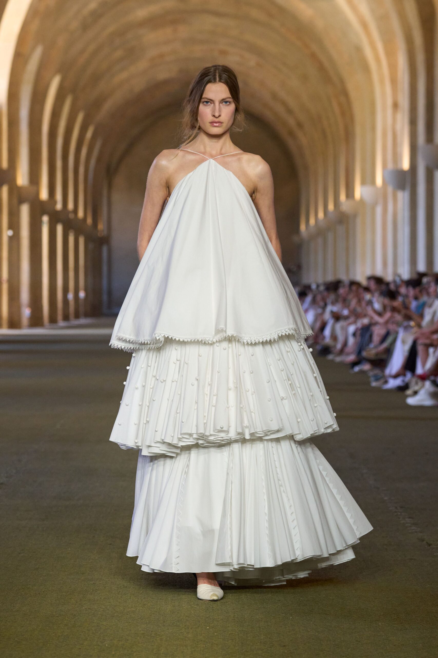 white tiered halter gown