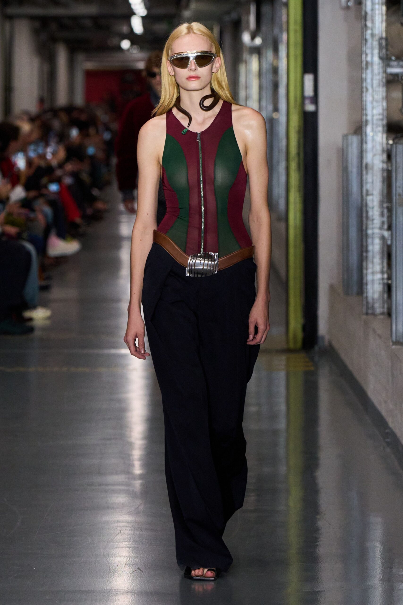 red cotton sleeveless high-neck fitted color-blocked jumpsuit