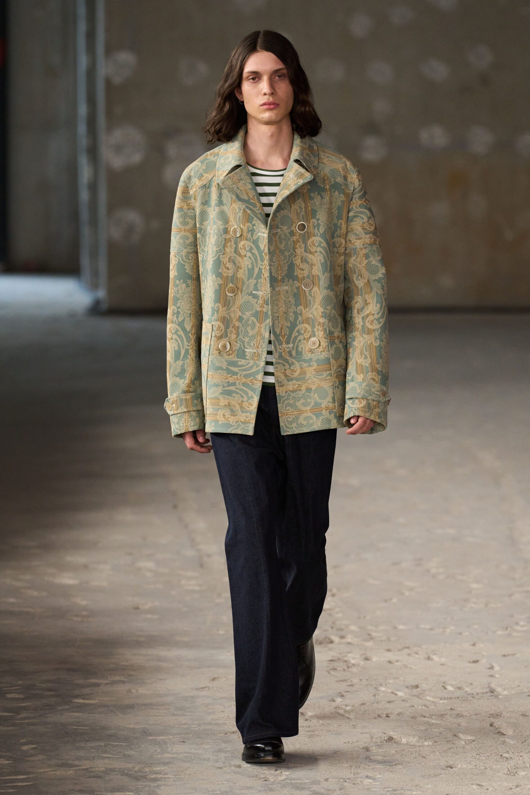 embroidered green jacket with striped shirt