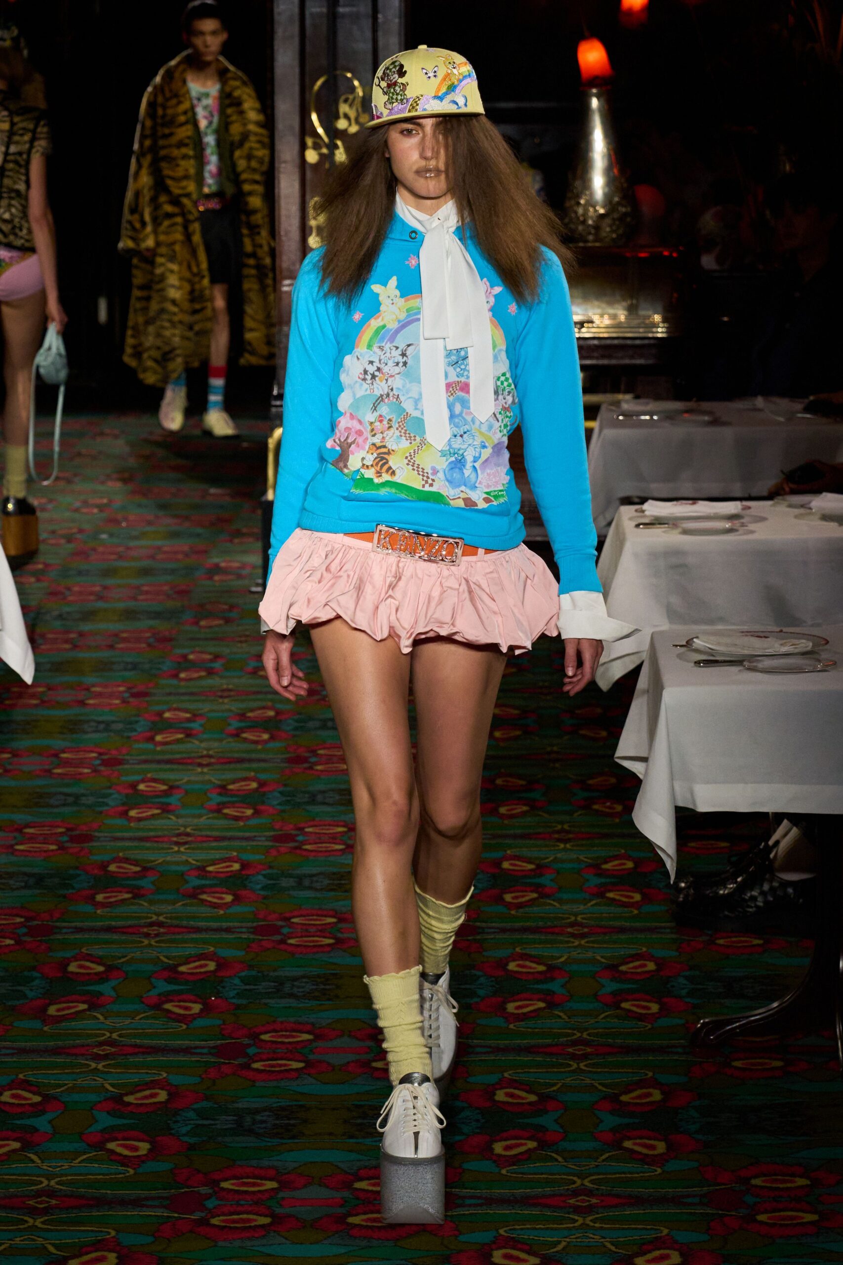 blue embroidered top with pink skirt