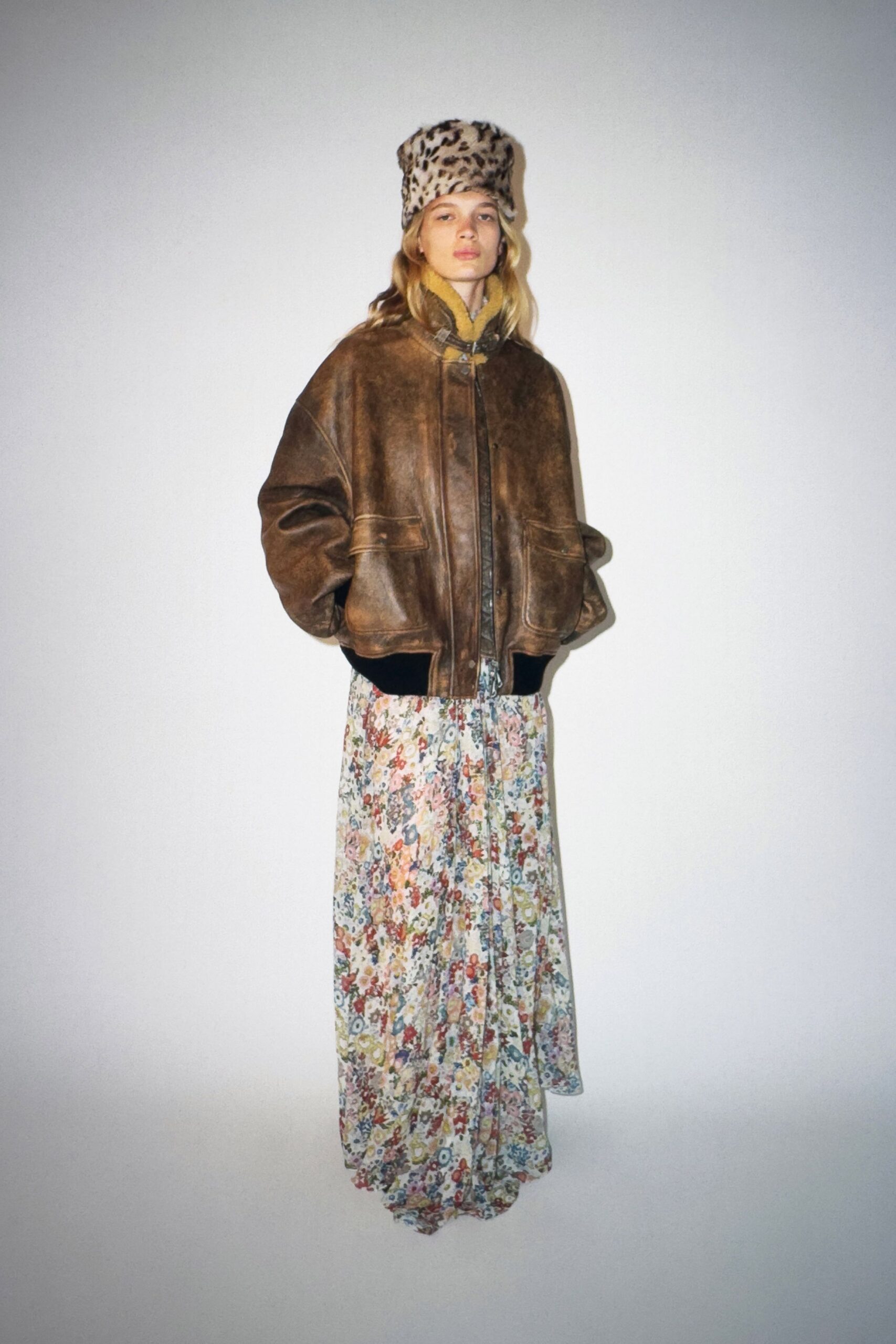 brown leather oversized jacket with floral maxi-dress