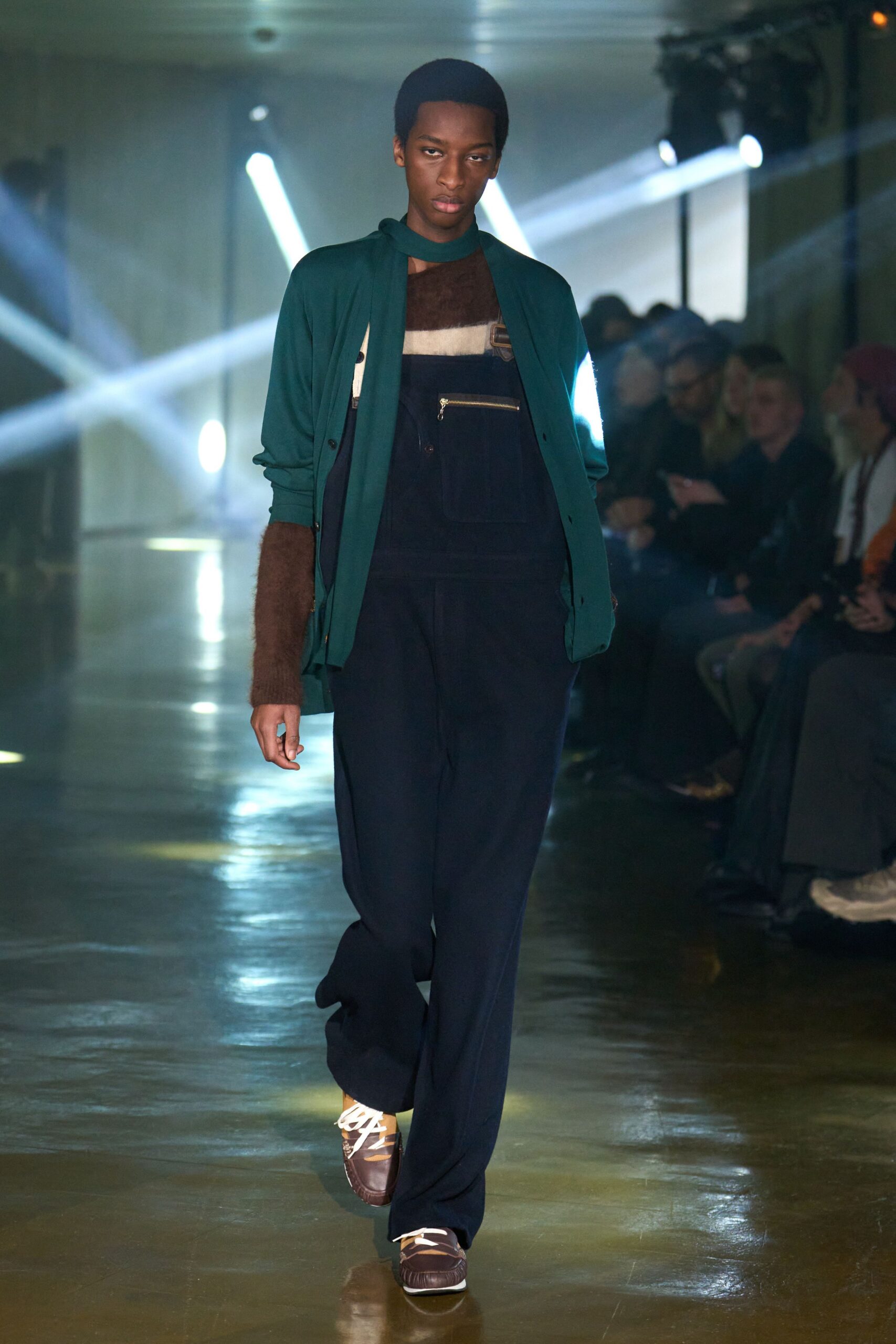green jacket brown sweater jumpsuit