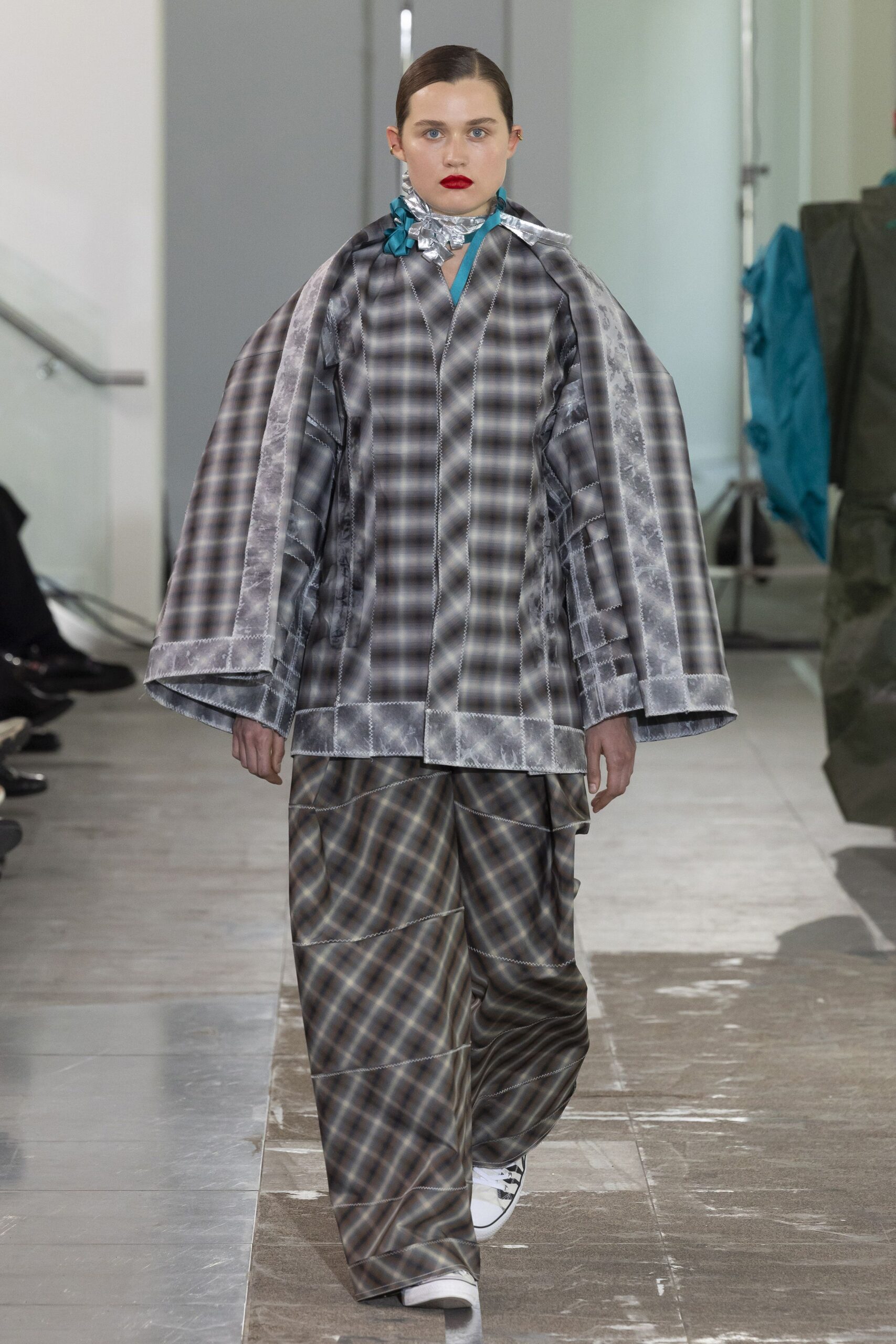 gray silk long-sleeve collared relaxed checked layered top