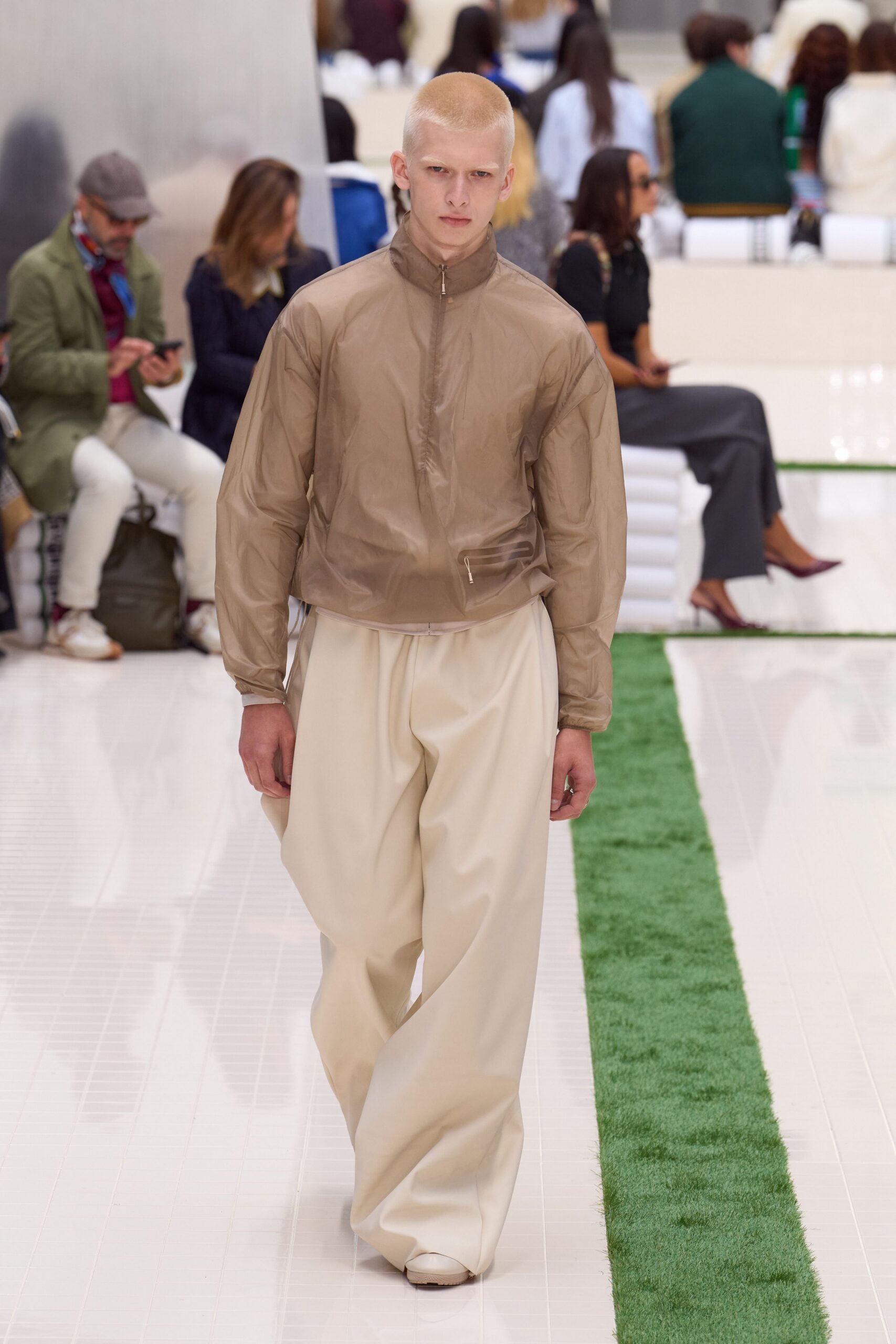 beige vinyl long-sleeve collared relaxed shiny jacket