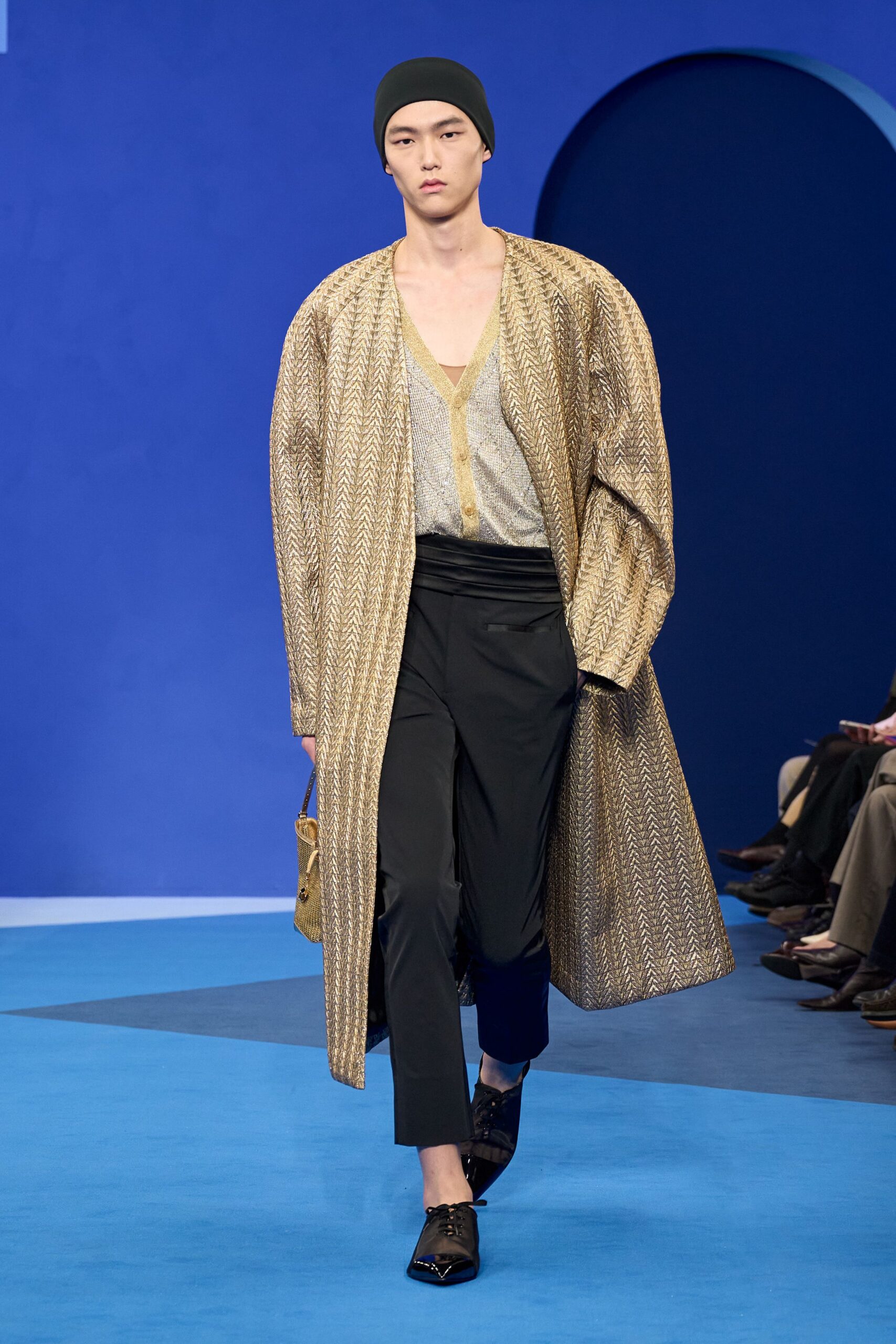 gold silk long-sleeve v-neck relaxed embroidered shiny coat