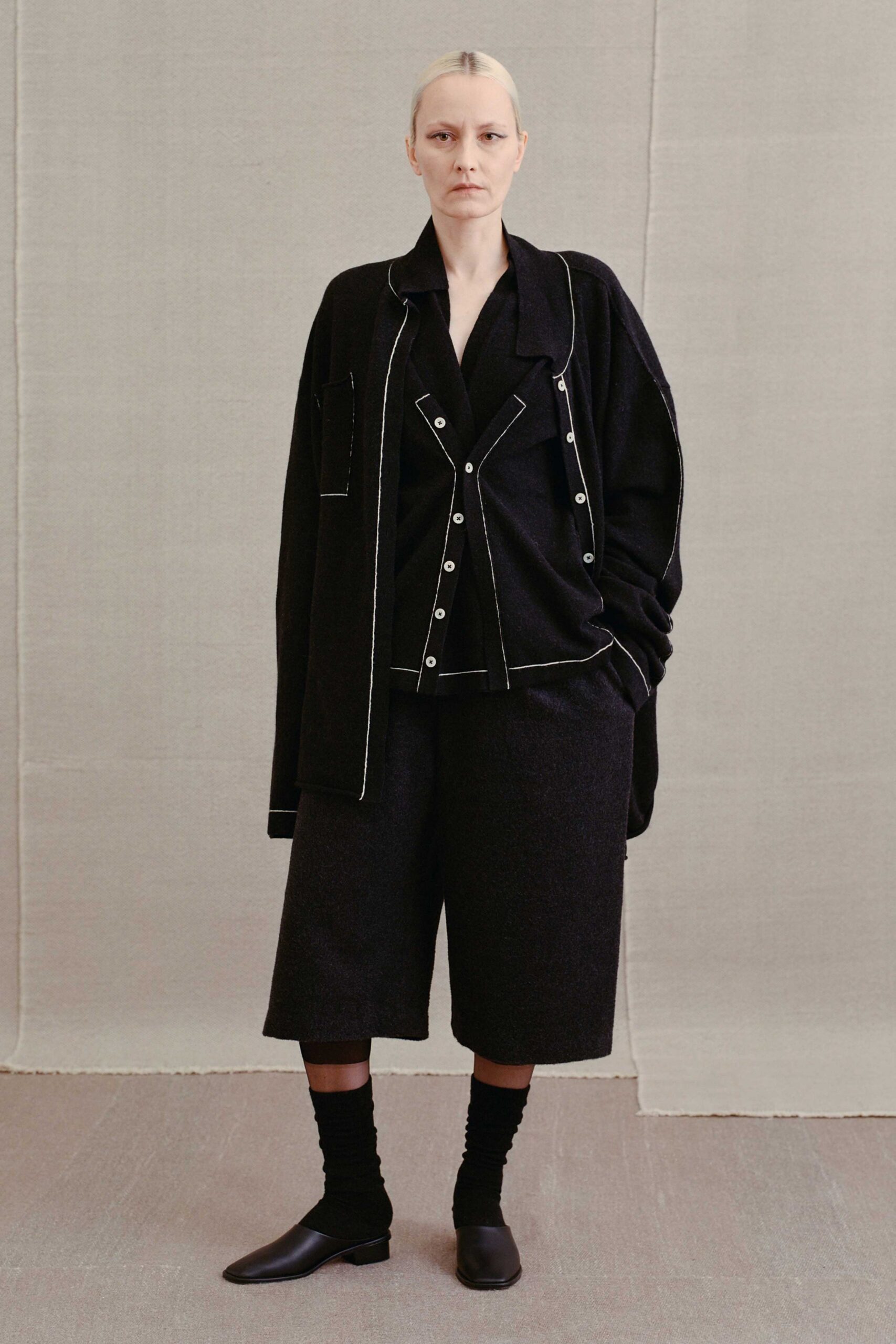 black wool long-sleeve collared oversized buttoned jacket